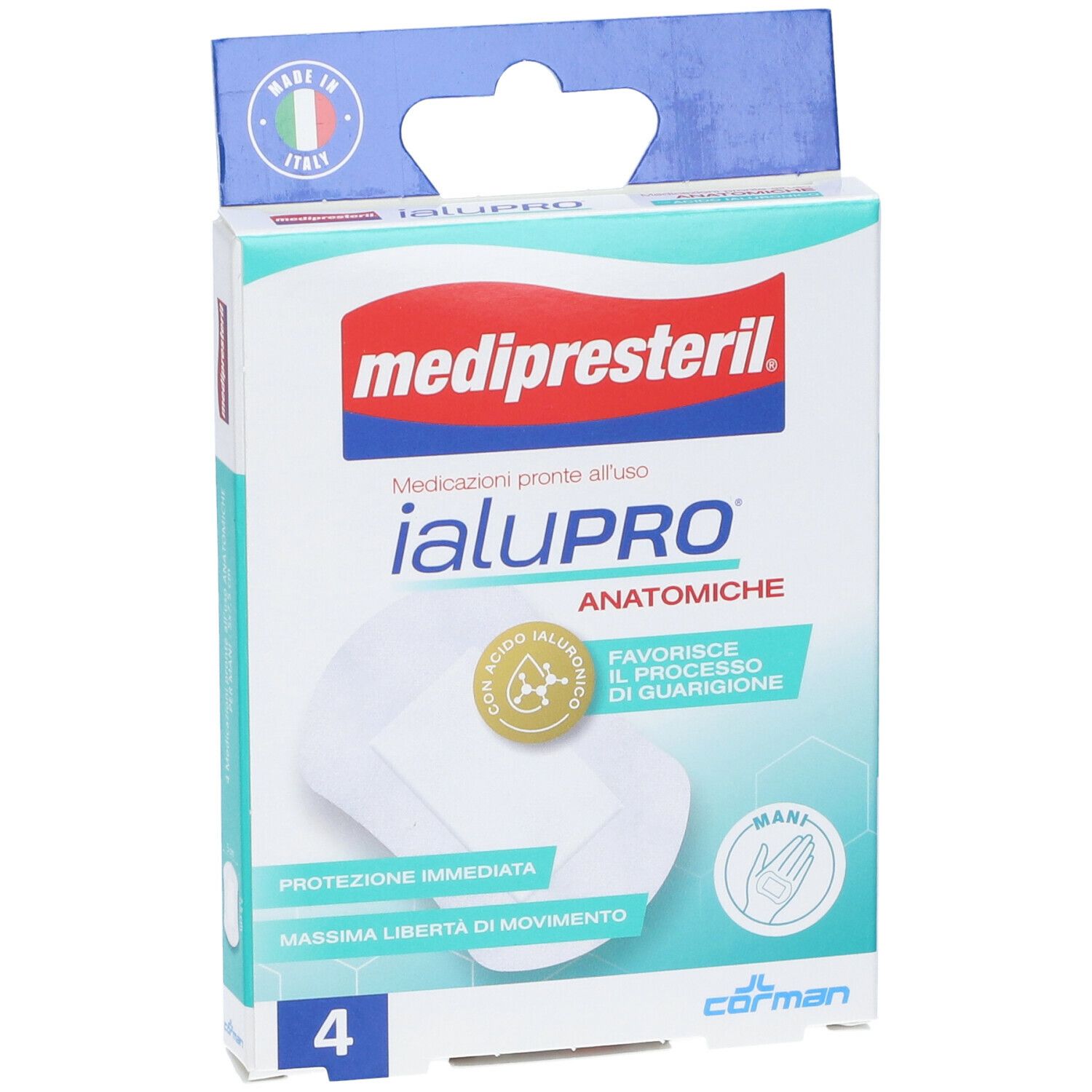 Verpackung für 4 anatomische Wundauflagen mit Hyaluronsäure.