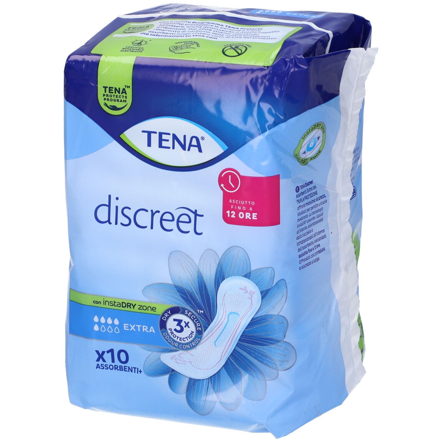 Confezione di TENA Discreet Extra. Imballaggio blu con immagine del prodotto e testo. Contiene 10 pezzi.