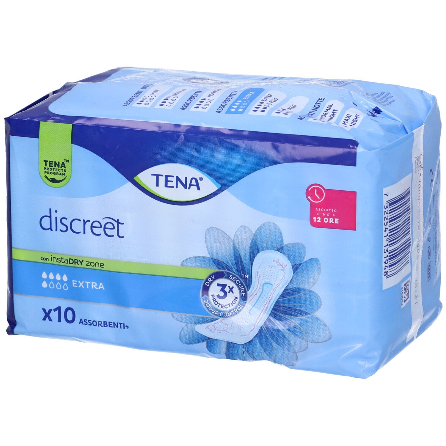 Confezione di TENA Discreet Extra. Imballaggio blu con immagine del prodotto e testo. Contiene 10 pezzi.