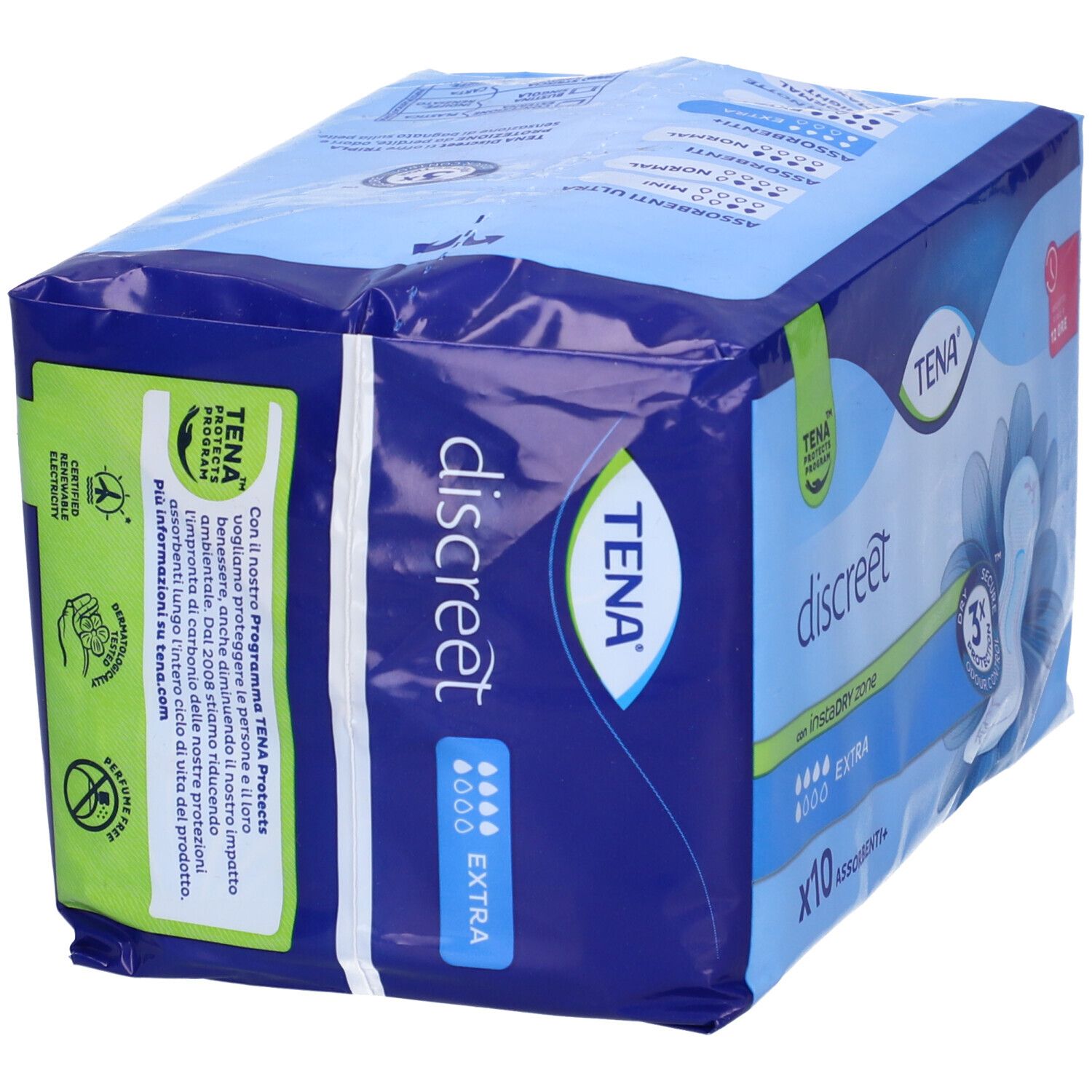Confezione di TENA Discreet Extra. Imballaggio blu con immagine del prodotto e testo. Contiene 10 pezzi.