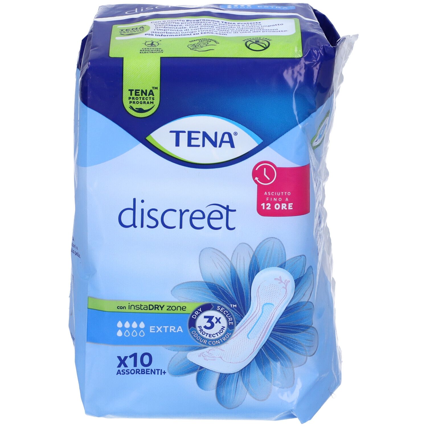 Confezione di TENA Discreet Extra. Imballaggio blu con immagine del prodotto e testo. Contiene 10 pezzi.