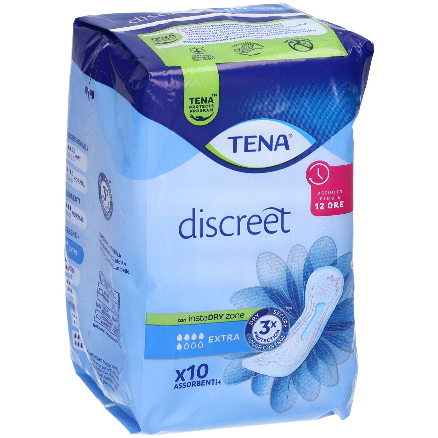 Confezione di TENA Discreet Extra. Imballaggio blu con immagine del prodotto e testo. Contiene 10 pezzi.