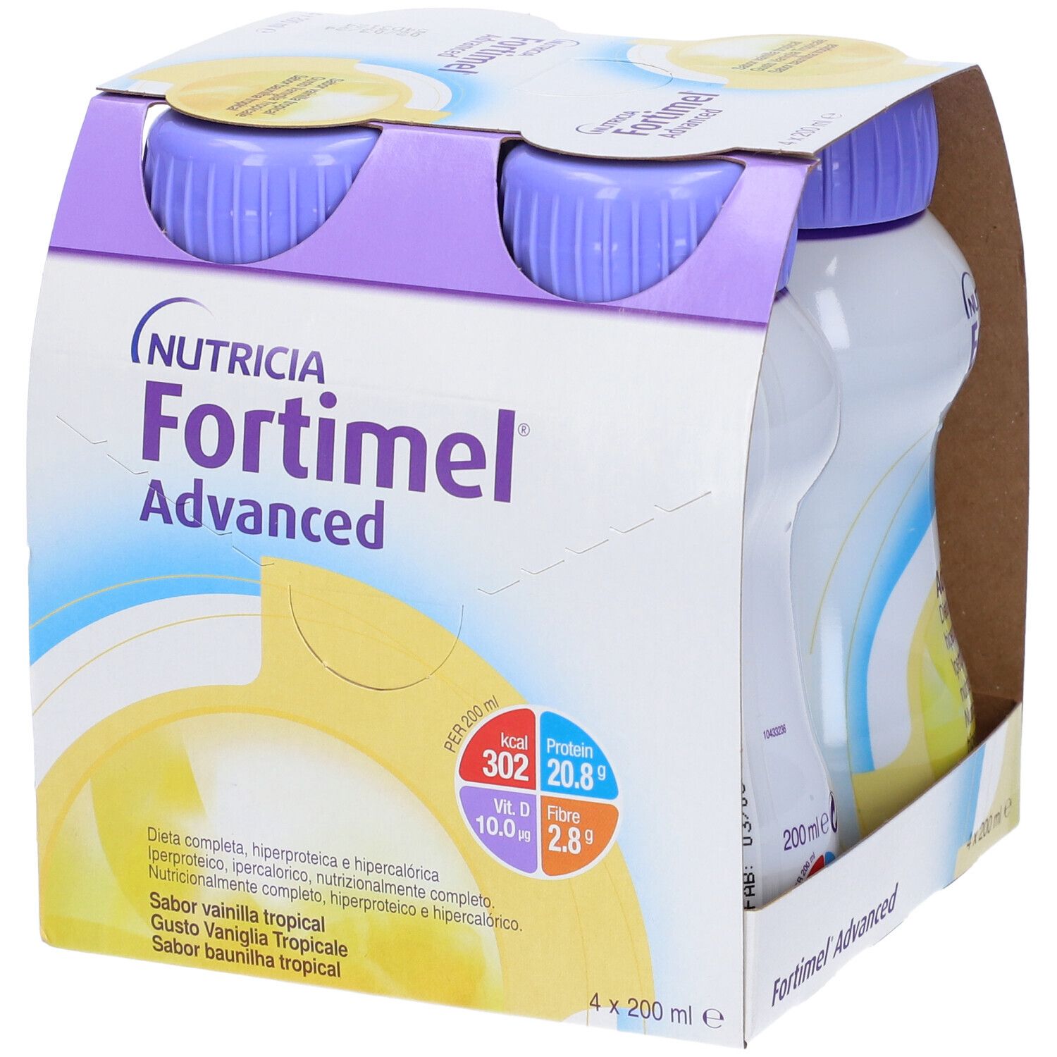 Confezione da quattro bottiglie Nutricia Fortimel Advanced. Bottiglie con tappi viola, in confezione di cartone. Stampa con informazioni nutrizionali.