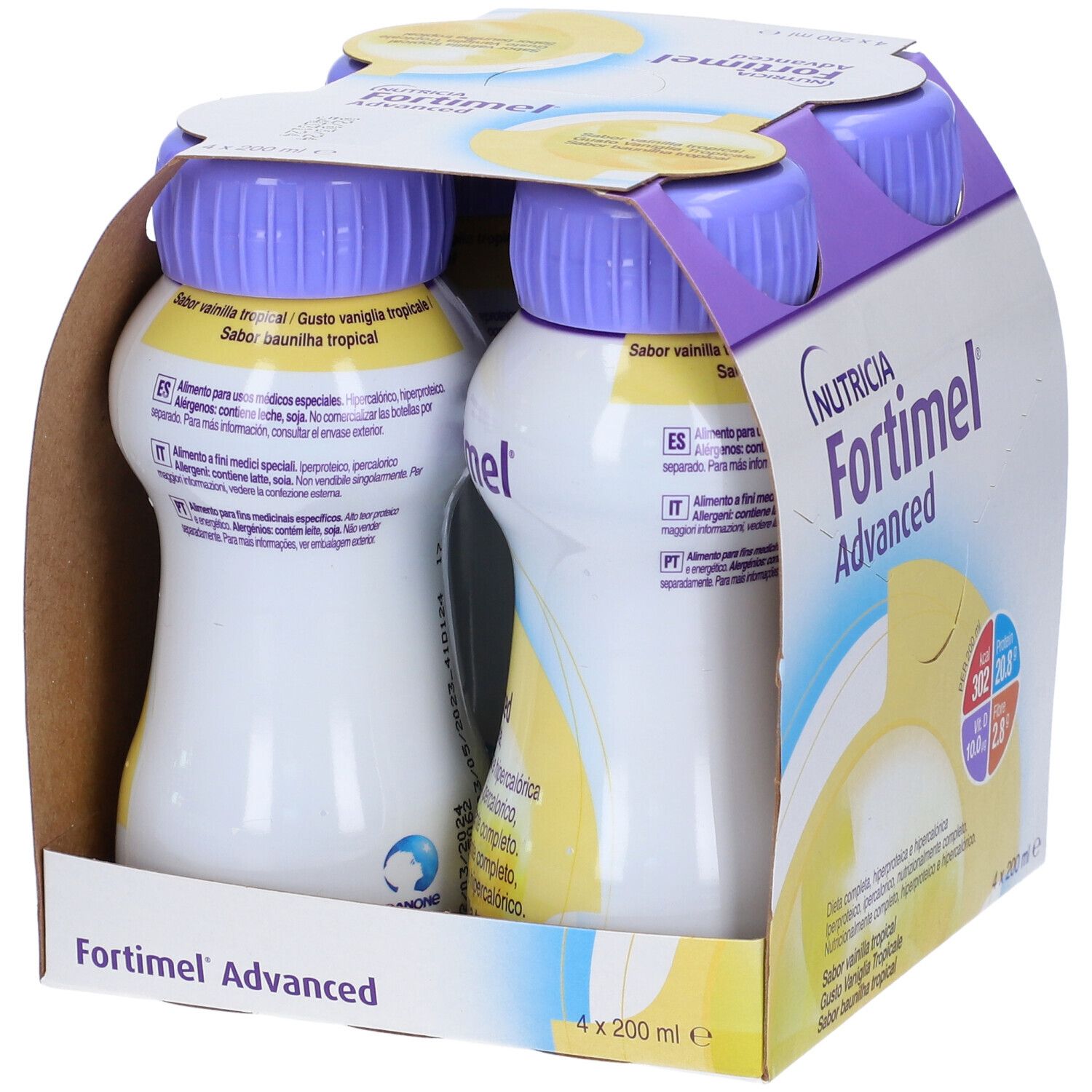 Confezione da quattro bottiglie Nutricia Fortimel Advanced. Bottiglie con tappi viola, in confezione di cartone. Stampa con informazioni nutrizionali.