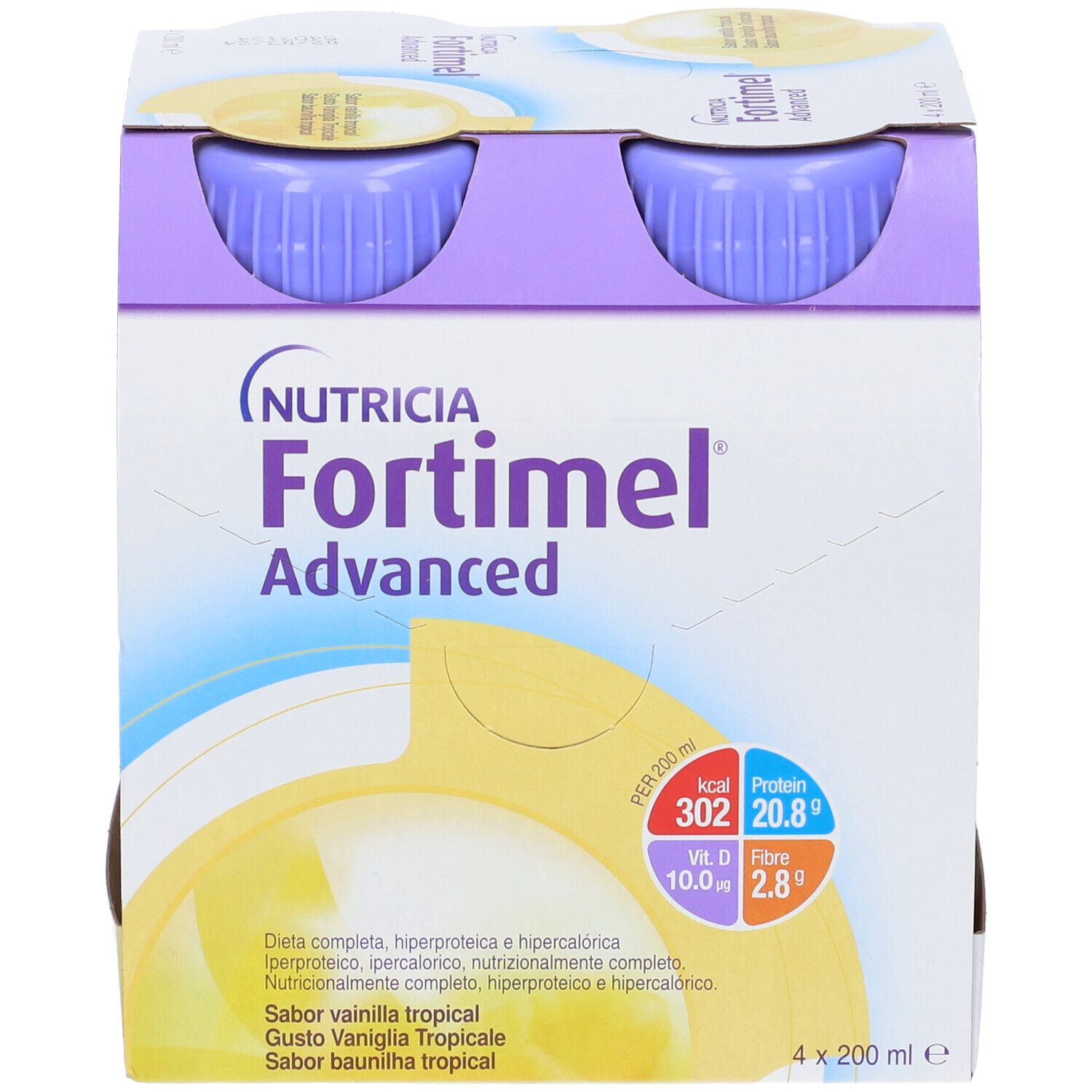 Confezione da quattro bottiglie Nutricia Fortimel Advanced. Bottiglie con tappi viola, in confezione di cartone. Stampa con informazioni nutrizionali.