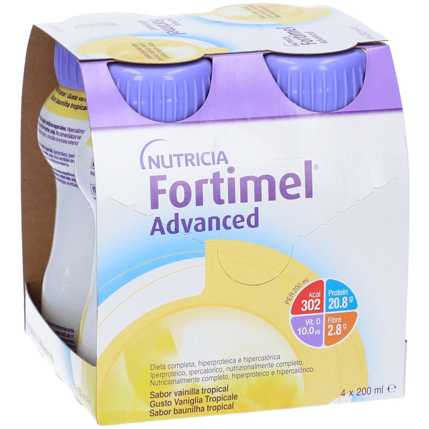 Confezione da quattro bottiglie Nutricia Fortimel Advanced. Bottiglie con tappi viola, in confezione di cartone. Stampa con informazioni nutrizionali.