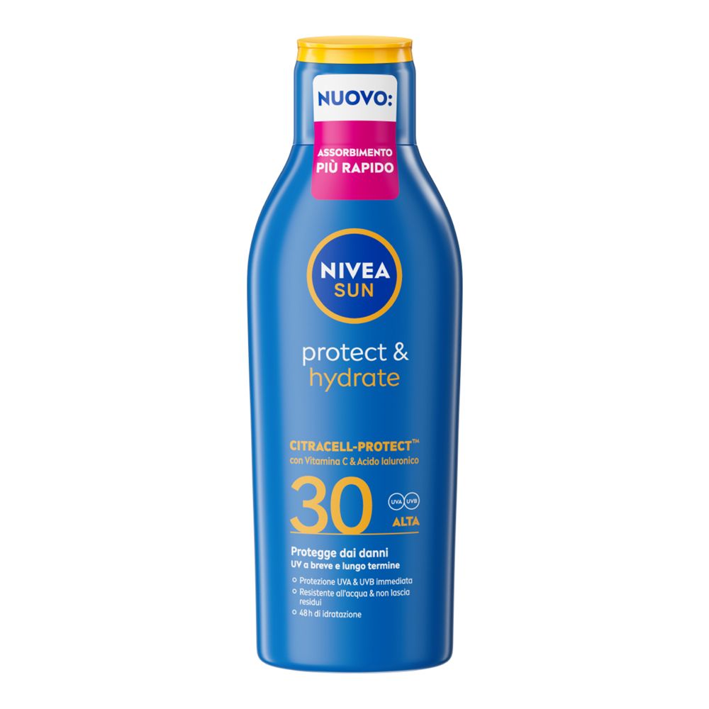 Flacone blu Nivea Sun Protect & Hydrate SPF30. Tappo giallo, scritta 'NUOVO'.