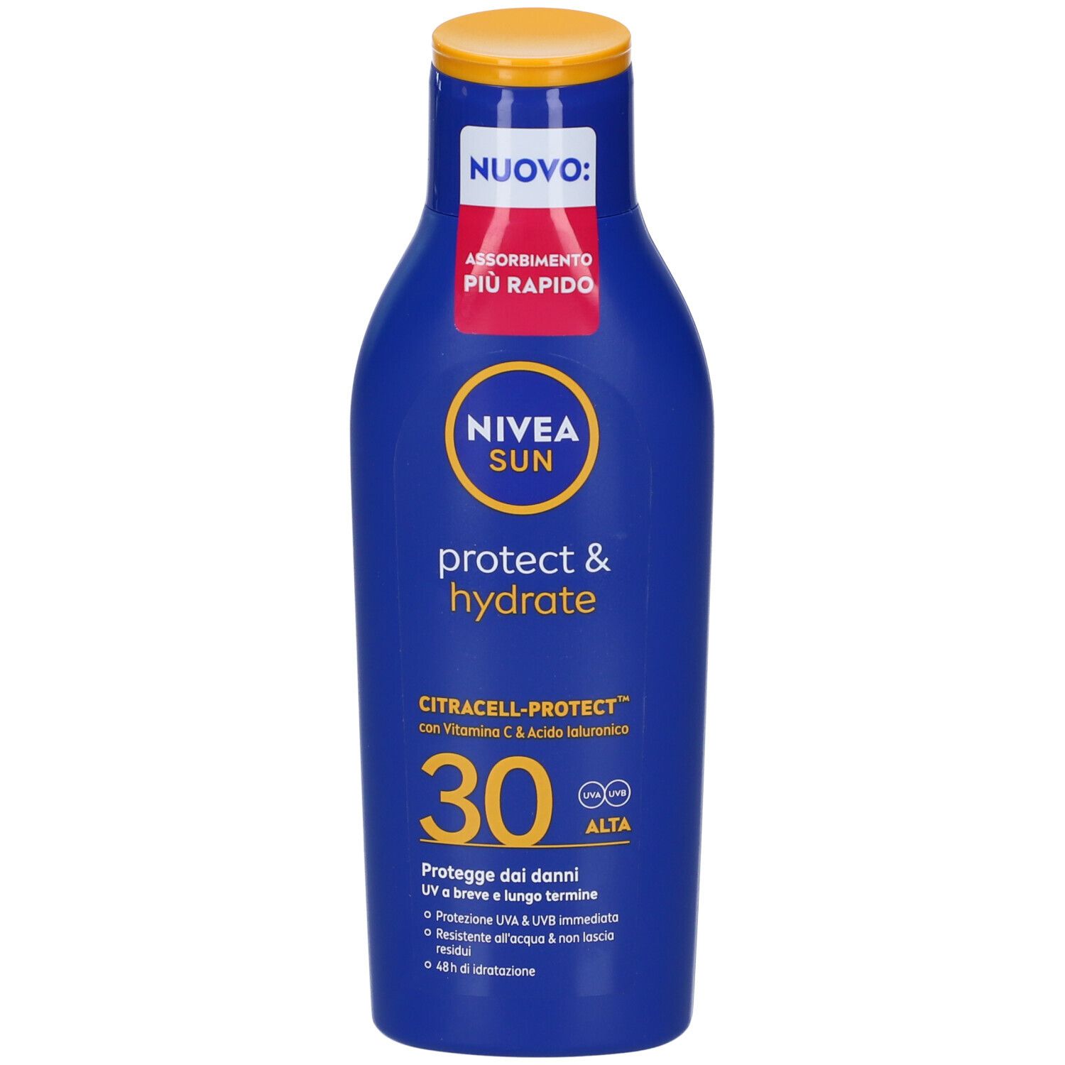 Flacone blu Nivea Sun Protect & Hydrate SPF30. Tappo giallo, scritta 'NUOVO'.