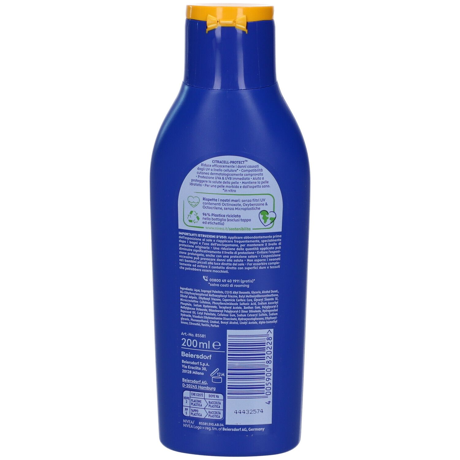 Retro del flacone Nivea Sun Protect & Hydrate SPF30. Testo e informazioni.