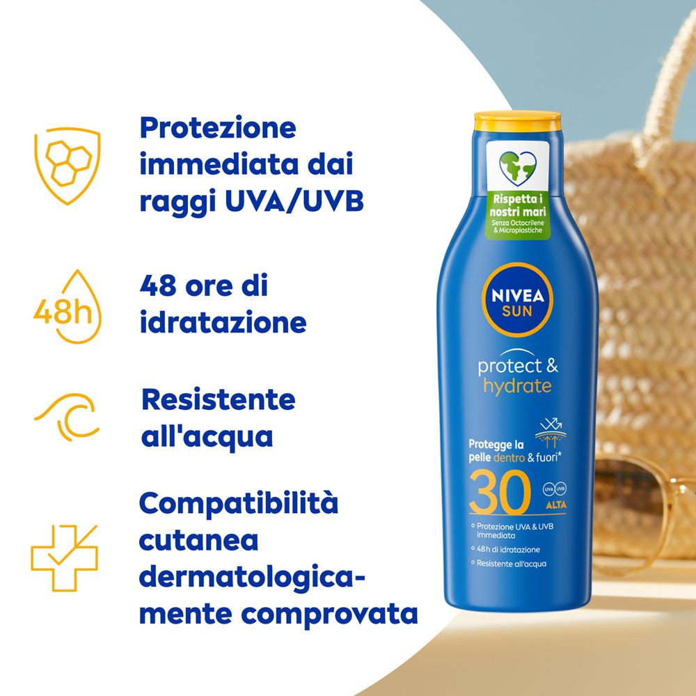 Flacone Nivea Sun Protect & Hydrate SPF30. Testo: 48h idratazione, resistente all'acqua, dermatologicamente testato.