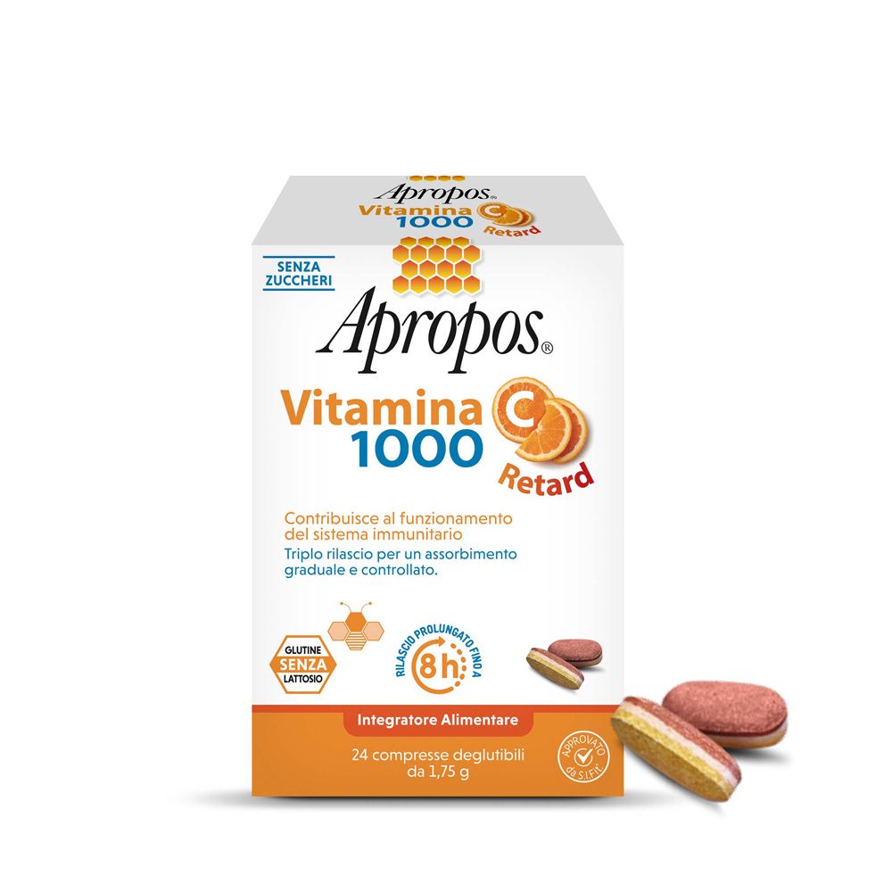Scatola di compresse APROPOS Vitamina C 1000 Retard. Senza zuccheri. 24 compresse deglutibili. Senza glutine e lattosio.
