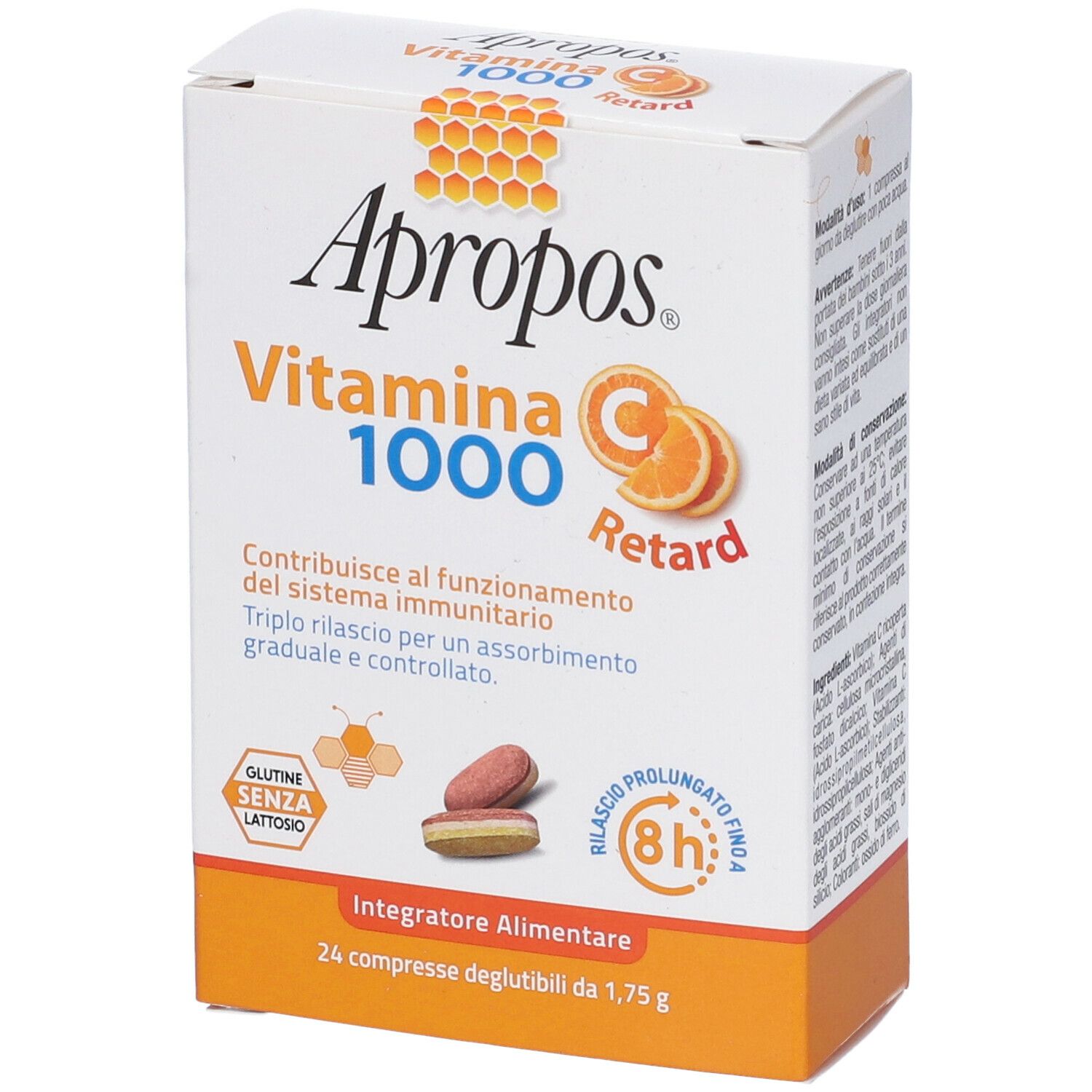Scatola di compresse APROPOS Vitamina C 1000 Retard. Senza zuccheri. 24 compresse deglutibili. Senza glutine e lattosio.