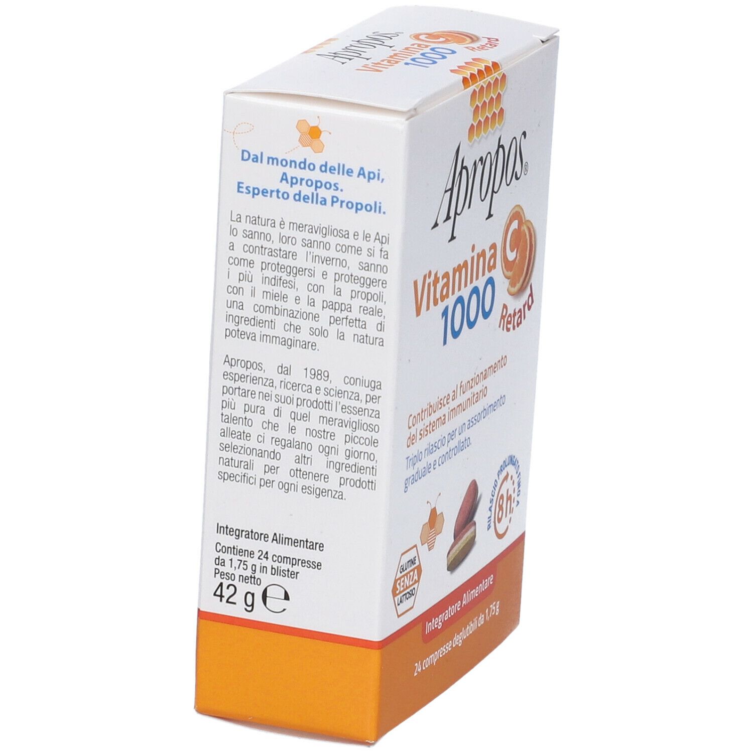 Scatola di compresse APROPOS Vitamina C 1000 Retard. Senza zuccheri. 24 compresse deglutibili. Senza glutine e lattosio.