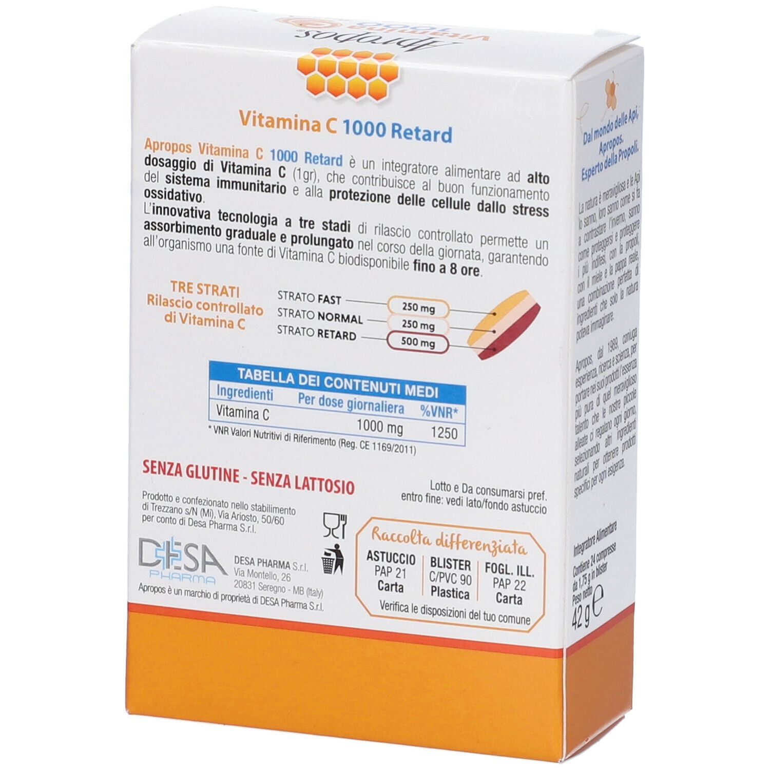 Scatola di compresse APROPOS Vitamina C 1000 Retard. Senza zuccheri. 24 compresse deglutibili. Senza glutine e lattosio.