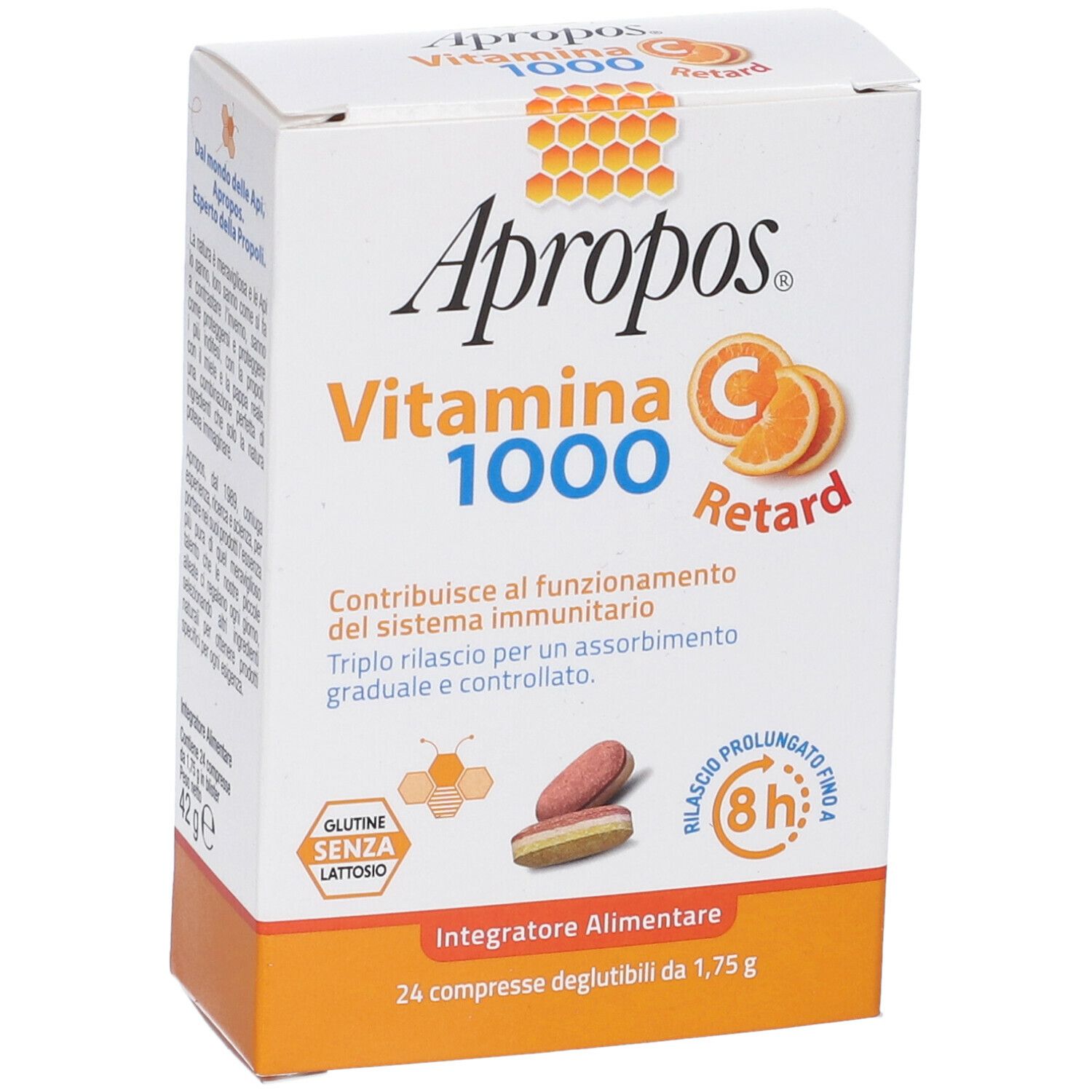 Scatola di compresse APROPOS Vitamina C 1000 Retard. Senza zuccheri. 24 compresse deglutibili. Senza glutine e lattosio.
