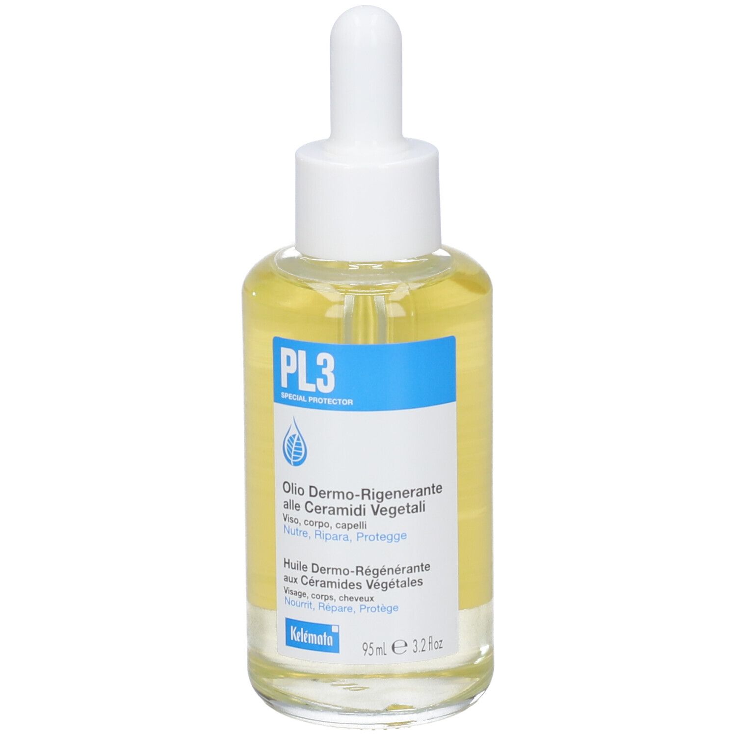Flasche mit Pipette, enthält gelbes Öl. Etikett mit "PL3 Special Protector" und "Olio Dermo-Rigenerante".
