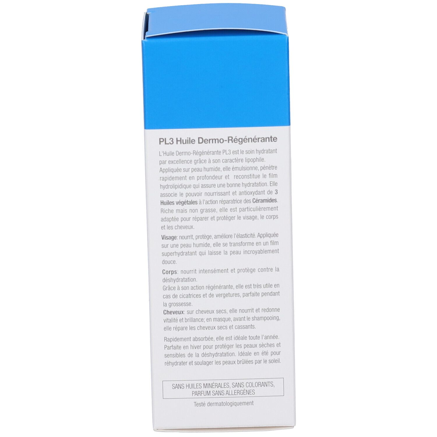 Verpackung für PL3 Dermo-Regenerating Oil mit Produktinformationen.