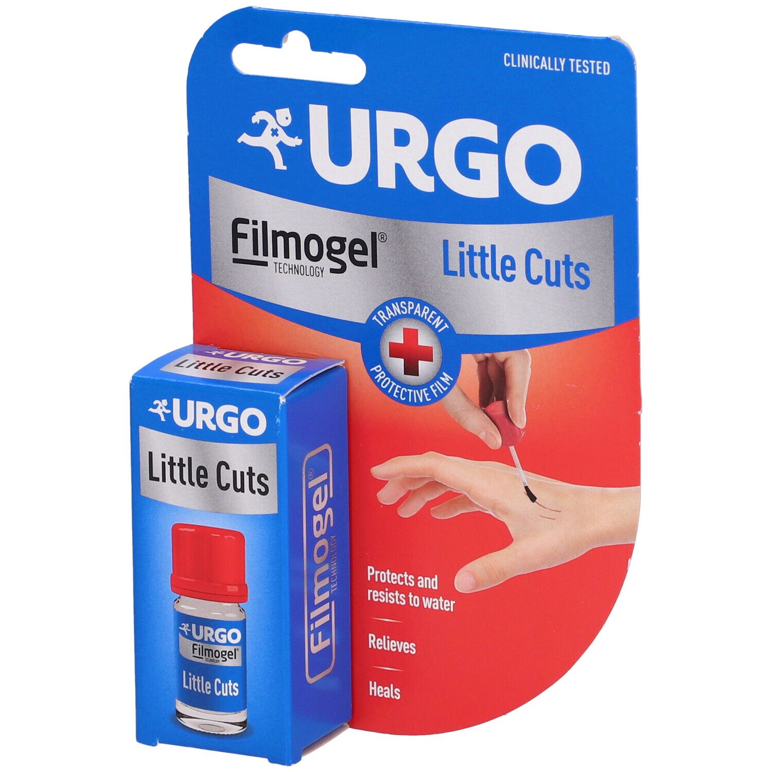 Urgo Filmogel Little Cuts. Confezione blu e flacone. Tappo rosso. Nome e logo del prodotto. Illustrazione dell'applicazione.