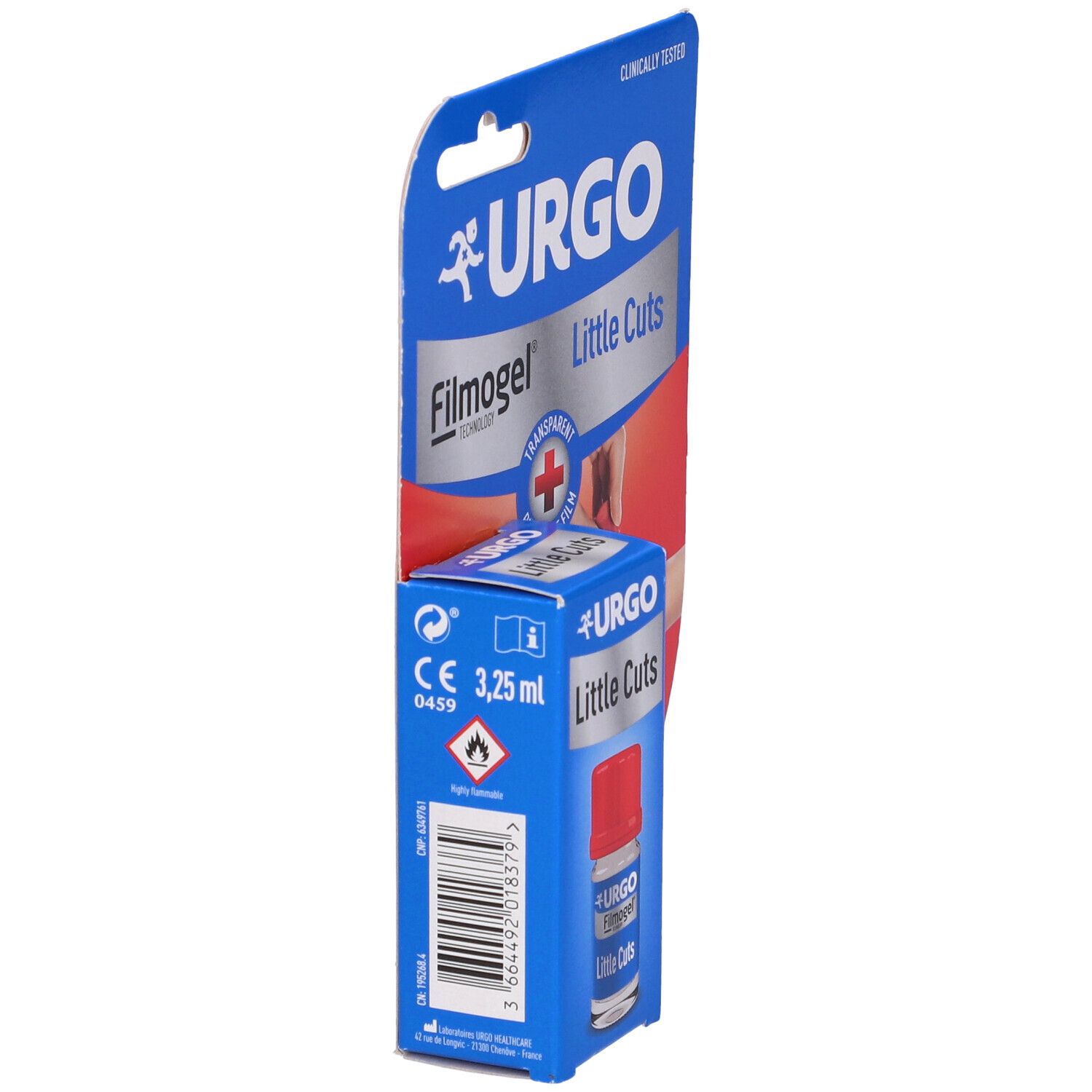 Urgo Filmogel Little Cuts. Confezione blu e flacone. Tappo rosso. Nome e logo del prodotto. Marchio CE.