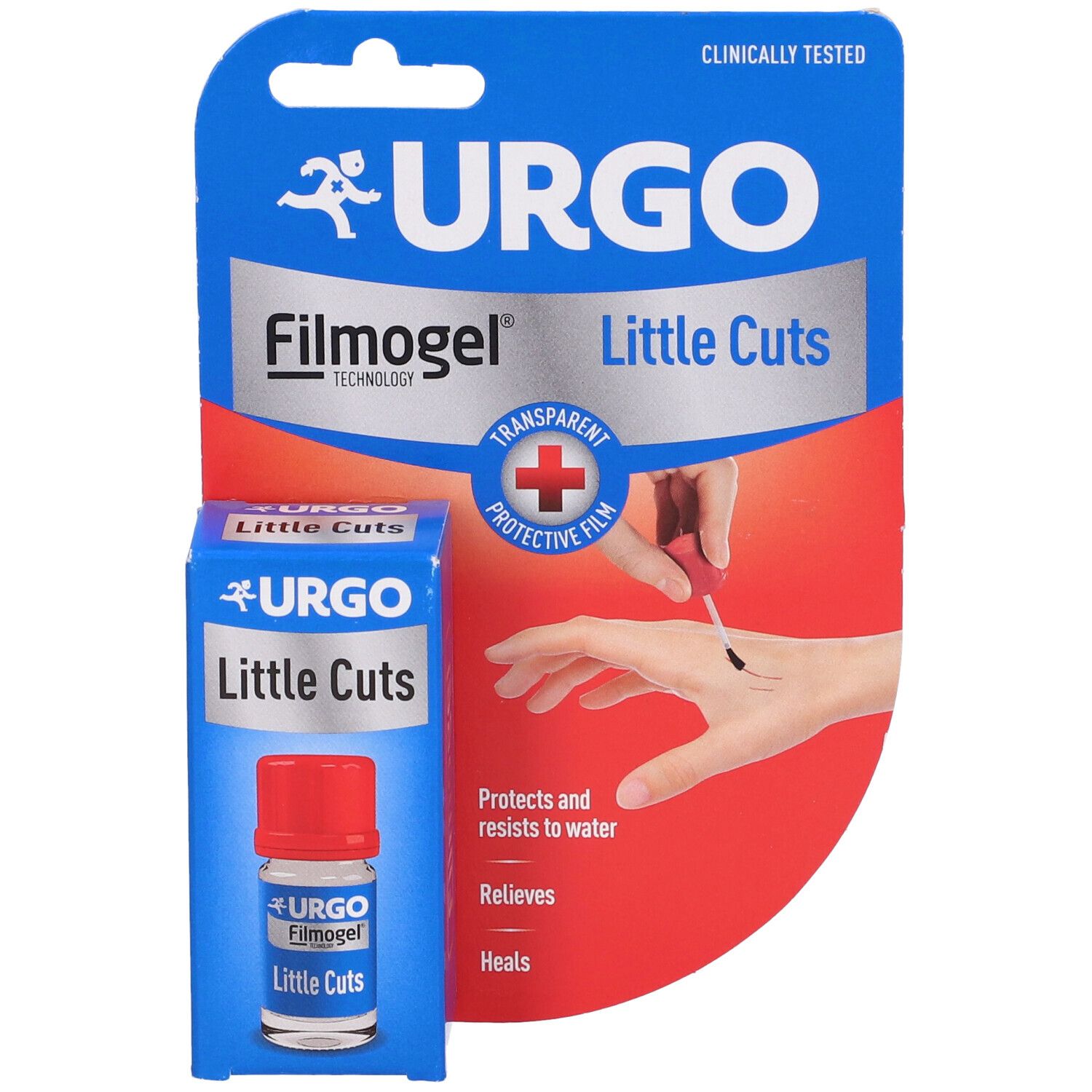 Confezione Urgo Filmogel Little Cuts e flacone. Confezione blu con logo e nome del prodotto. Illustrazione dell'applicazione.