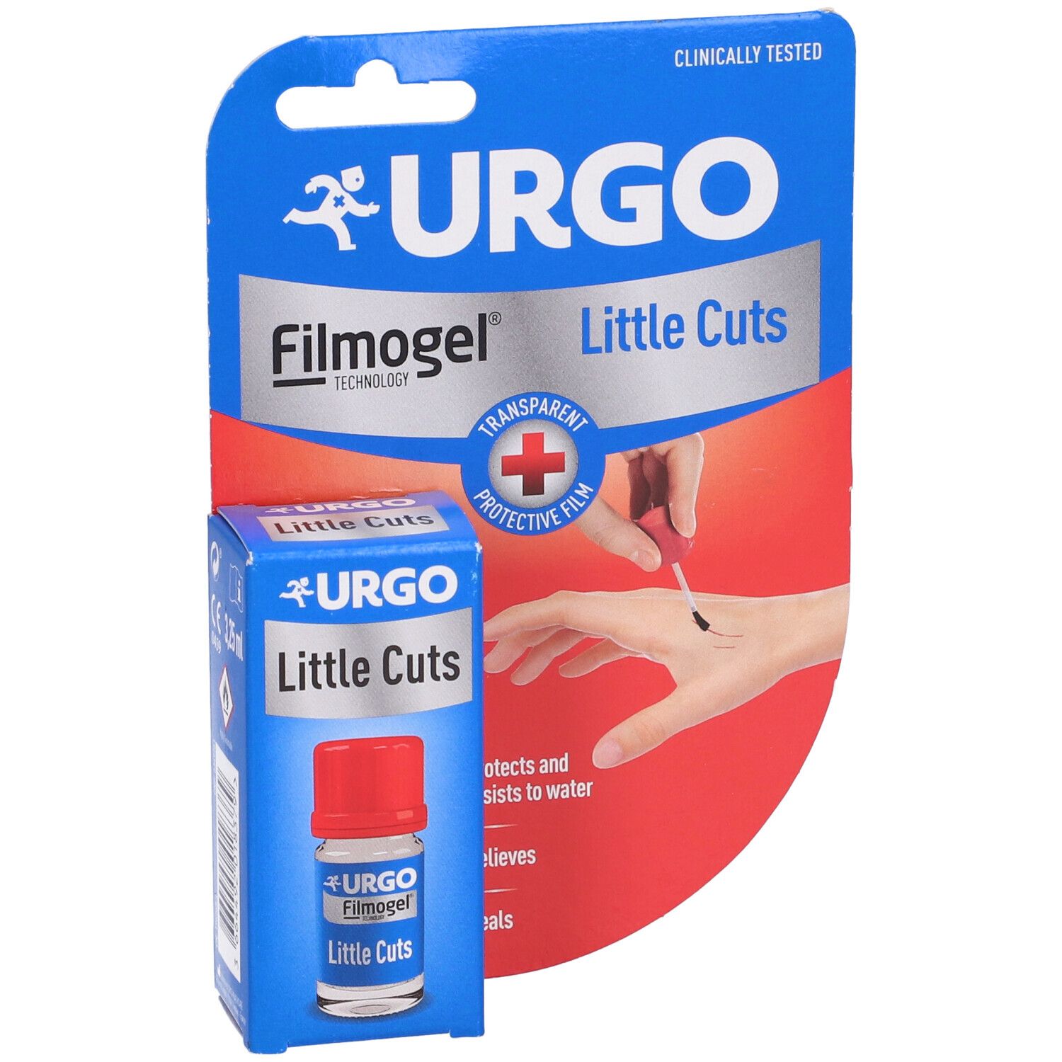 Confezione Urgo Filmogel Little Cuts e flacone. Confezione blu con logo e nome del prodotto. Illustrazione dell'applicazione.