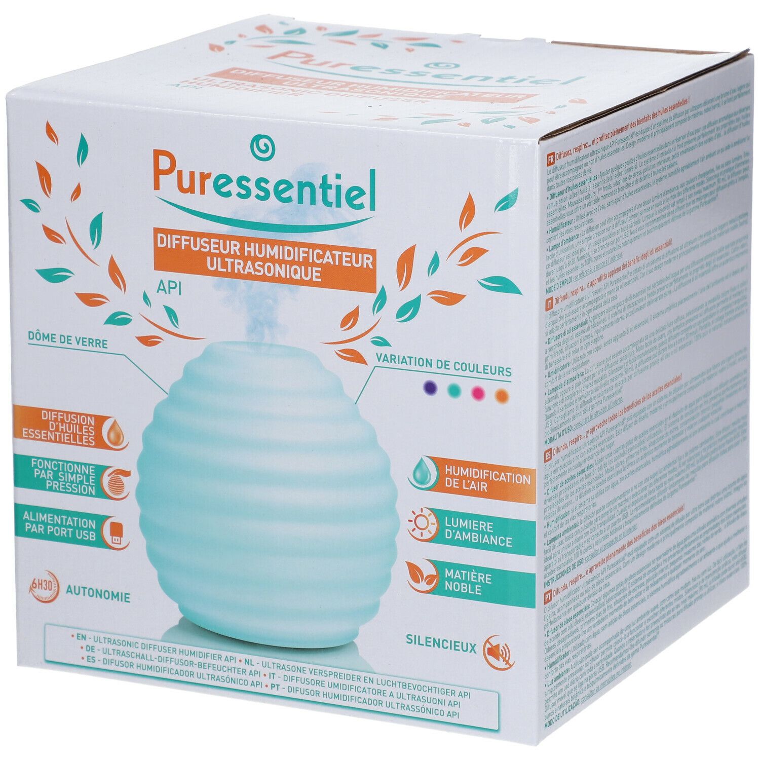 Puressentiel® Diffusore Umidificatore a Ultrasuoni API in confezione. Diffusore azzurro, scanalato, scatola bianca.