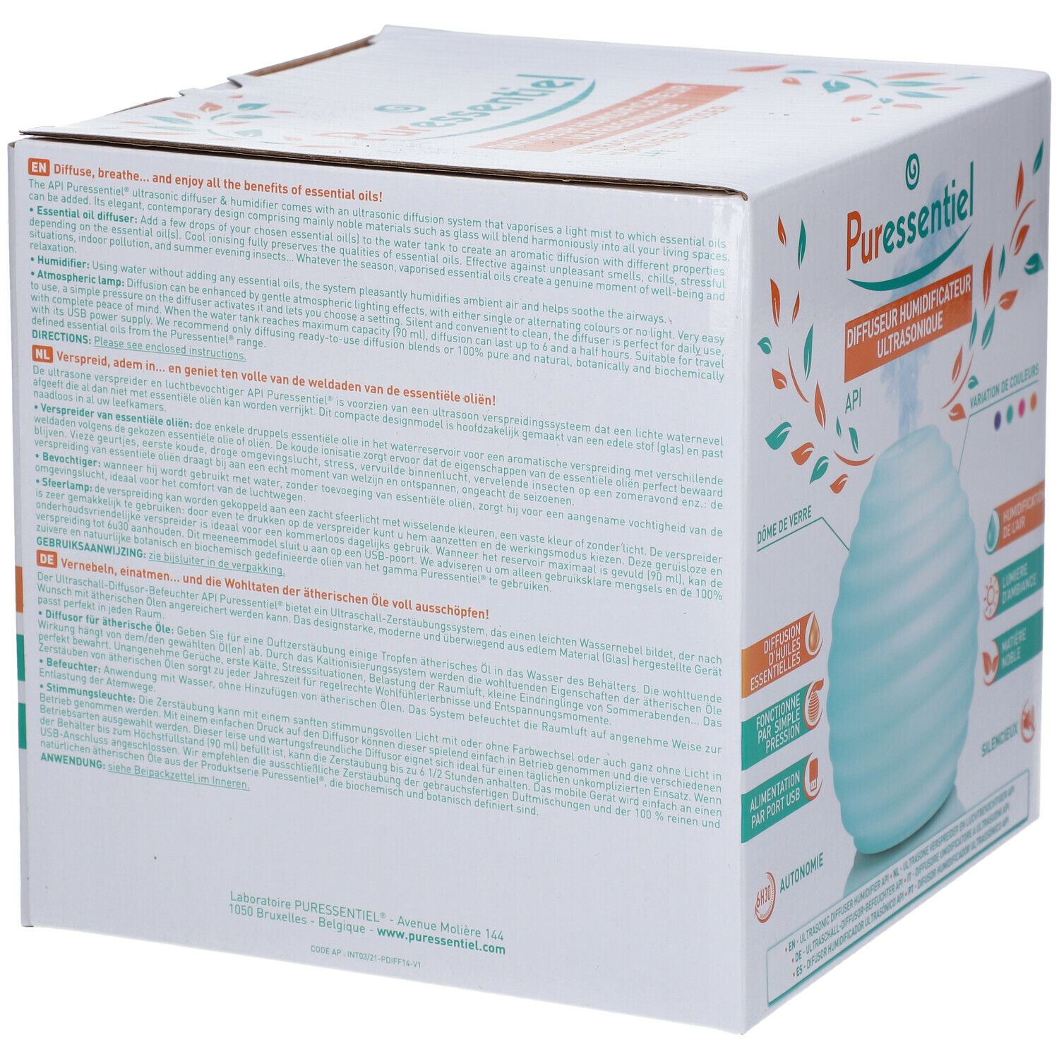 Retro della confezione del Puressentiel® Diffusore Umidificatore a Ultrasuoni API. Testo e immagine del prodotto.