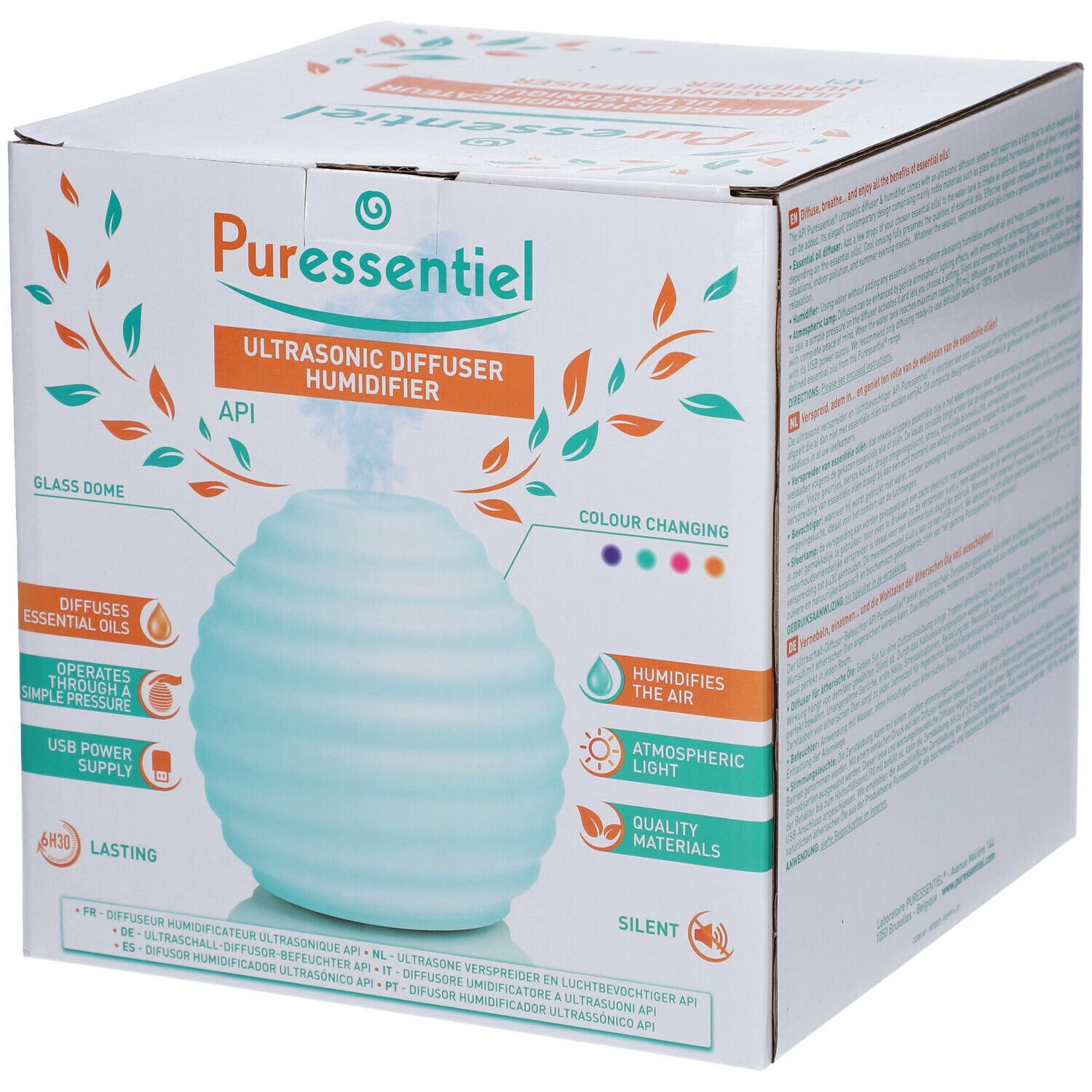 Puressentiel® Diffusore Umidificatore a Ultrasuoni API in confezione. Diffusore azzurro, scatola bianca con testo.