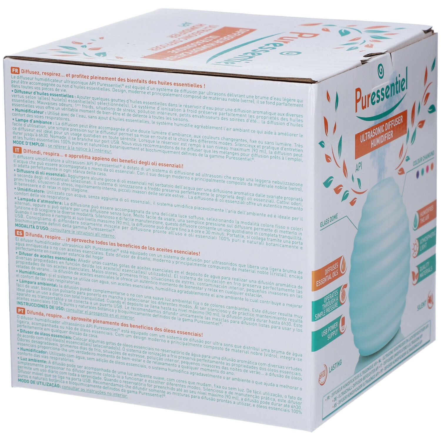 Retro della confezione del Puressentiel® Diffusore Umidificatore a Ultrasuoni API. Testo e immagine del prodotto.