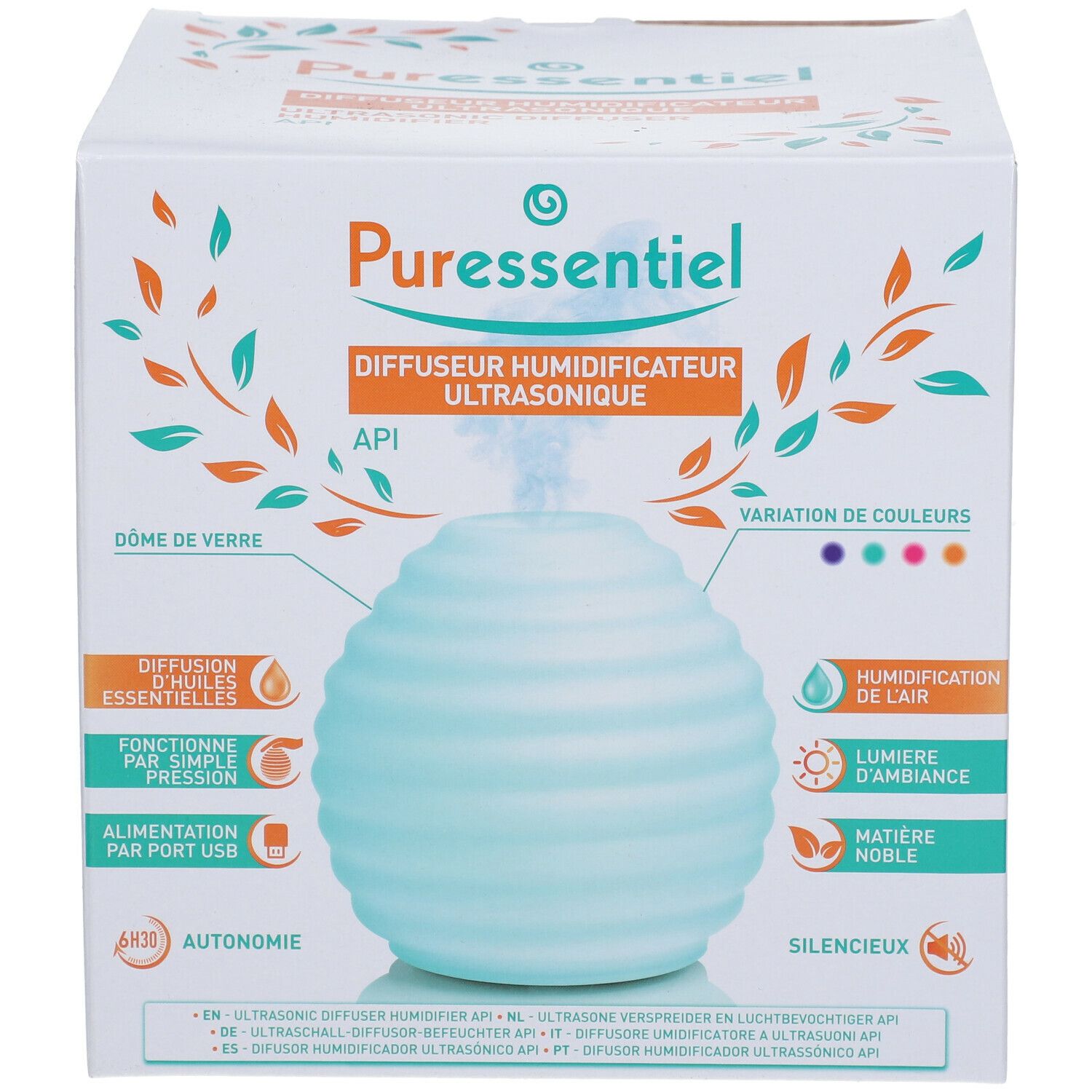 Puressentiel® Diffusore Umidificatore a Ultrasuoni API in confezione. Diffusore azzurro, scanalato, scatola bianca.