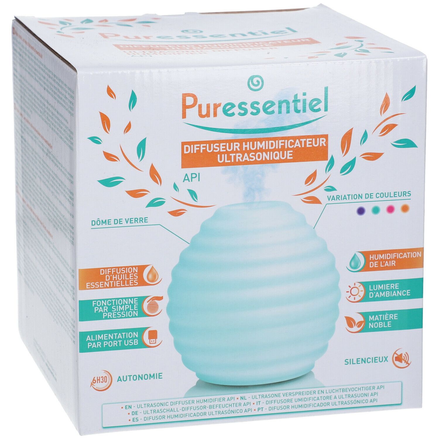 Puressentiel® Diffusore Umidificatore a Ultrasuoni API in confezione. Diffusore azzurro, scanalato, scatola bianca.