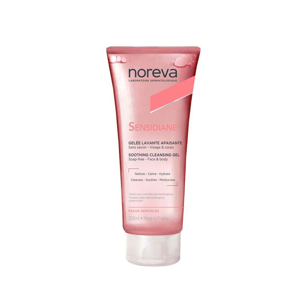 Tubo rosa con tappo bianco. Scritta: Noreva Sensidiane, gel detergente lenitivo viso e corpo.