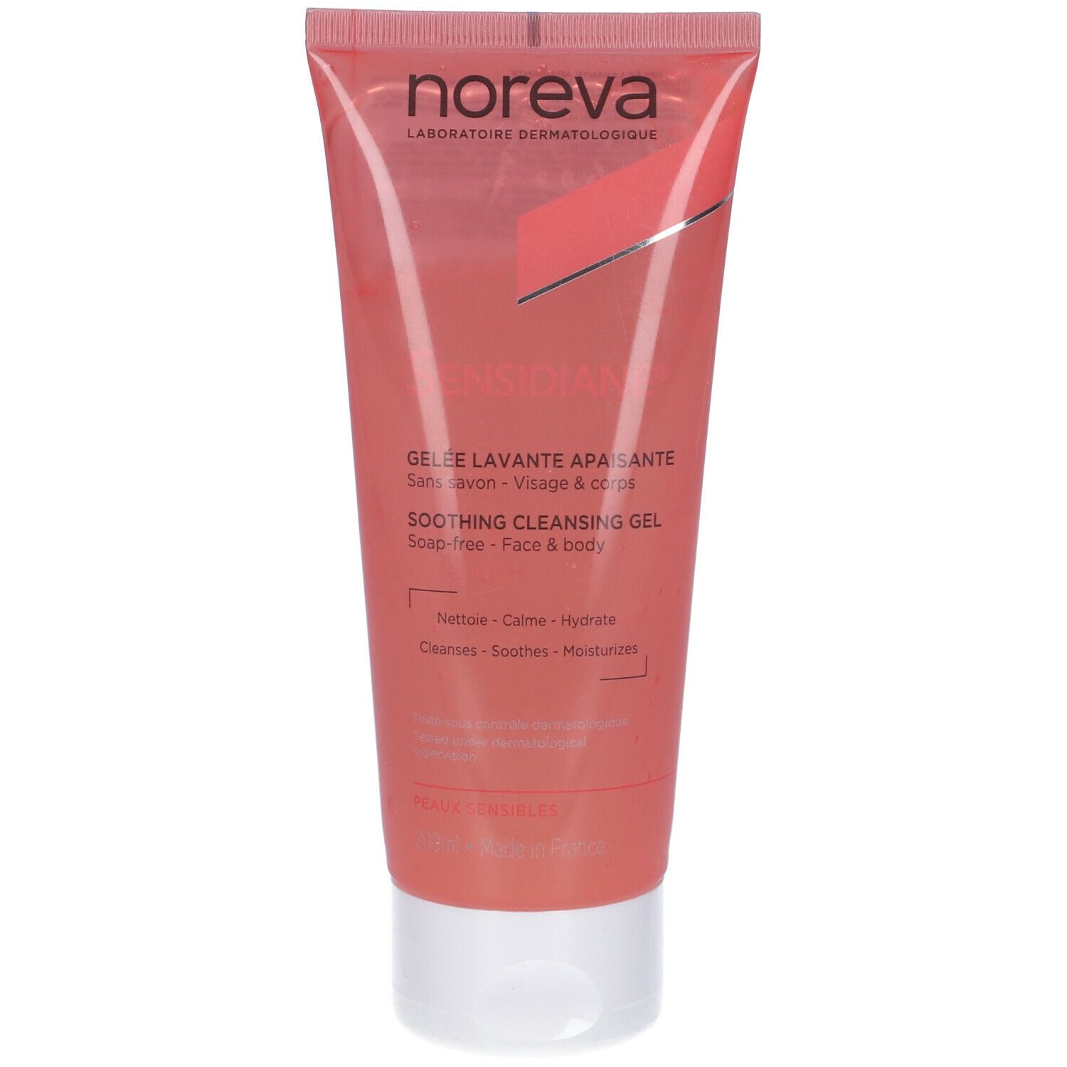 Tubo rosa con tappo bianco. Scritta: Noreva Sensidiane, gel detergente lenitivo viso e corpo.