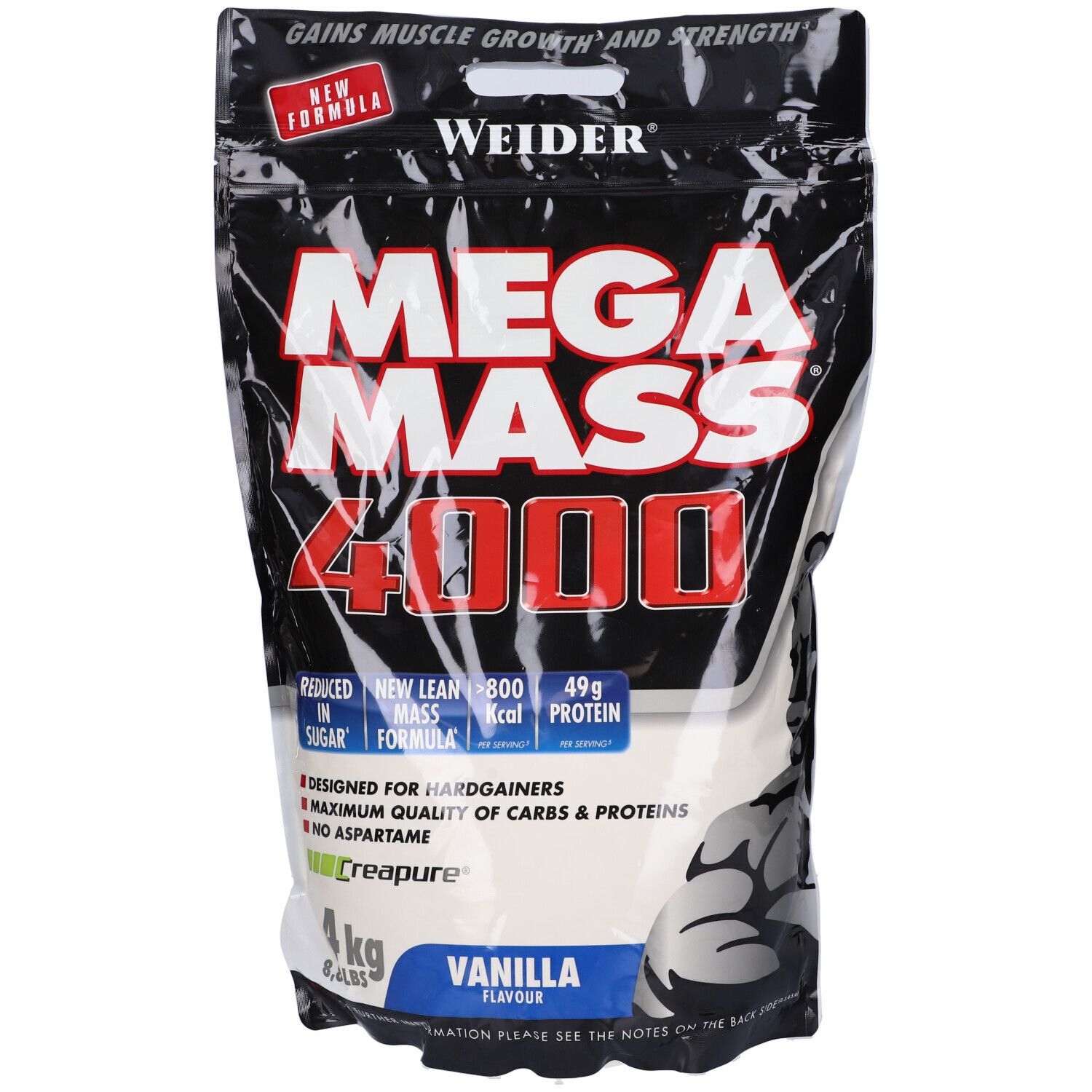 Confezione di Mega Mass 4000 Vaniglia da 4 kg. Marchio Weider. Informazioni nutrizionali e ingredienti visibili.