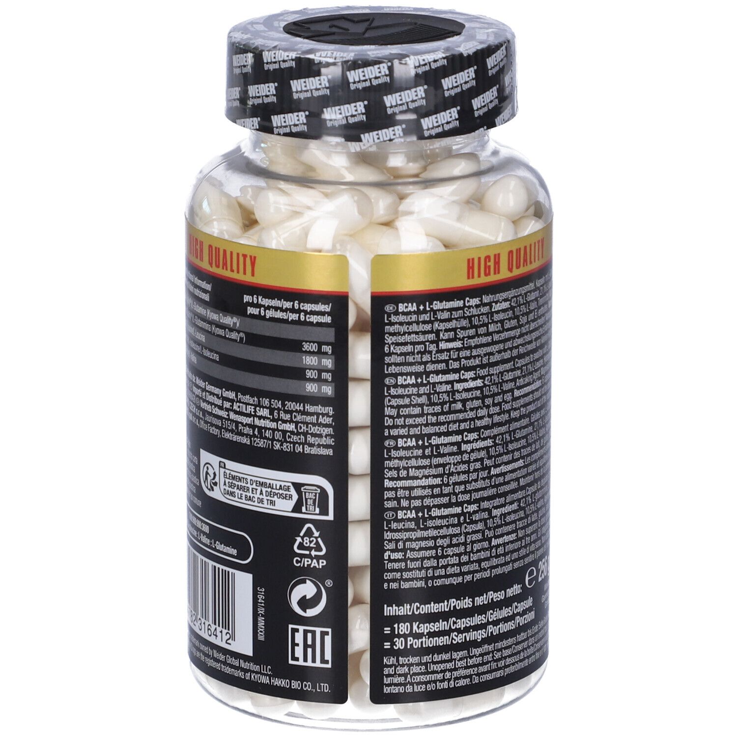 Retro del flacone di capsule. Testo con informazioni nutrizionali e ingredienti. Logo Weider. 180 capsule. Simbolo C/PAP.