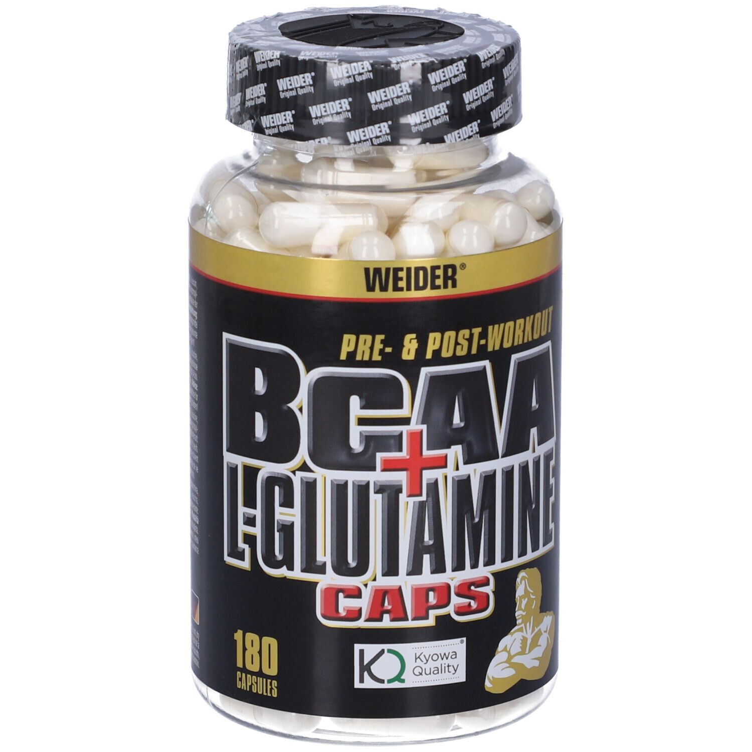 Flacone di capsule bianche. Scritta: BCAA + L-Glutammina, 180 capsule. Logo Kyowa Quality. Logo Weider.