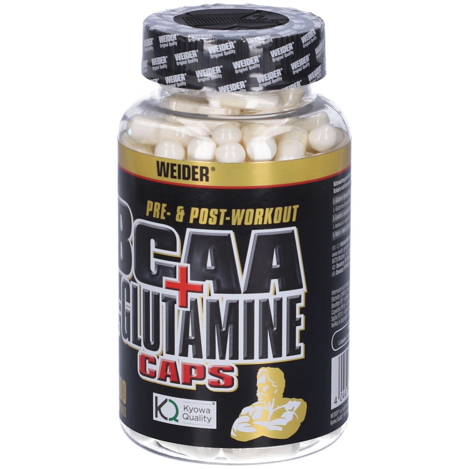 Flacone di capsule bianche. Scritta: BCAA + L-Glutammina, 180 capsule. Logo Kyowa Quality. Logo Weider.