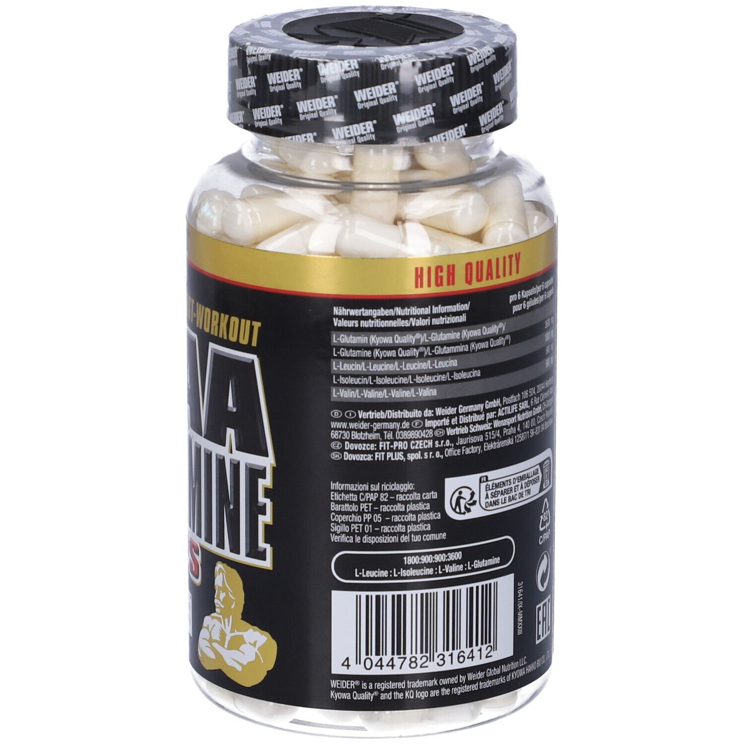 Retro del flacone di capsule. Testo con informazioni nutrizionali e ingredienti. Logo Weider. 180 capsule. Simbolo C/PAP.