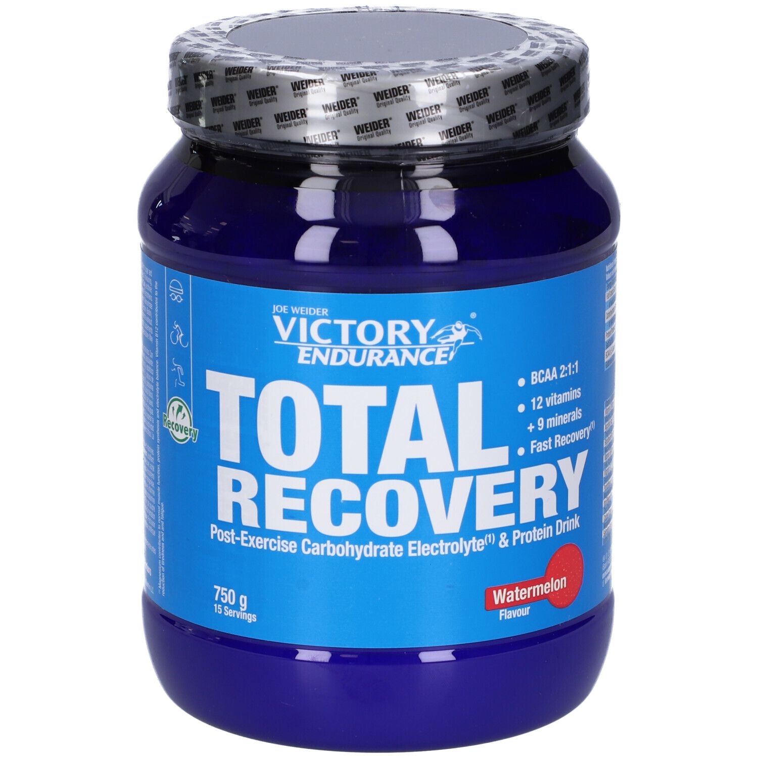 Barattolo blu "Victory Endurance Total Recovery Anguria". Contiene BCAA, vitamine e minerali. 750g, gusto anguria.