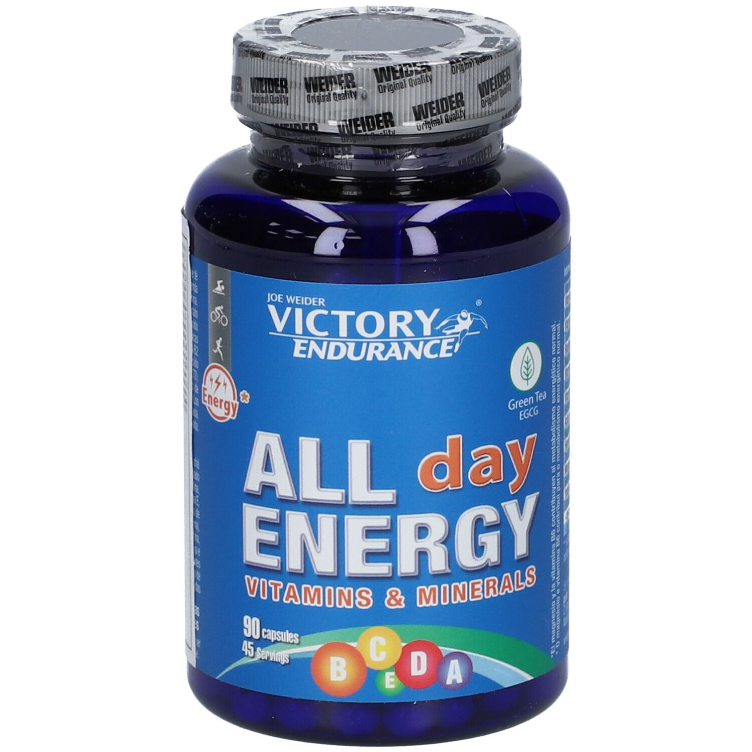 Flacone blu di capsule. Scritta: ALL day ENERGY, Vitamine & Minerali. 90 capsule. Tappo con logo WEIDER.