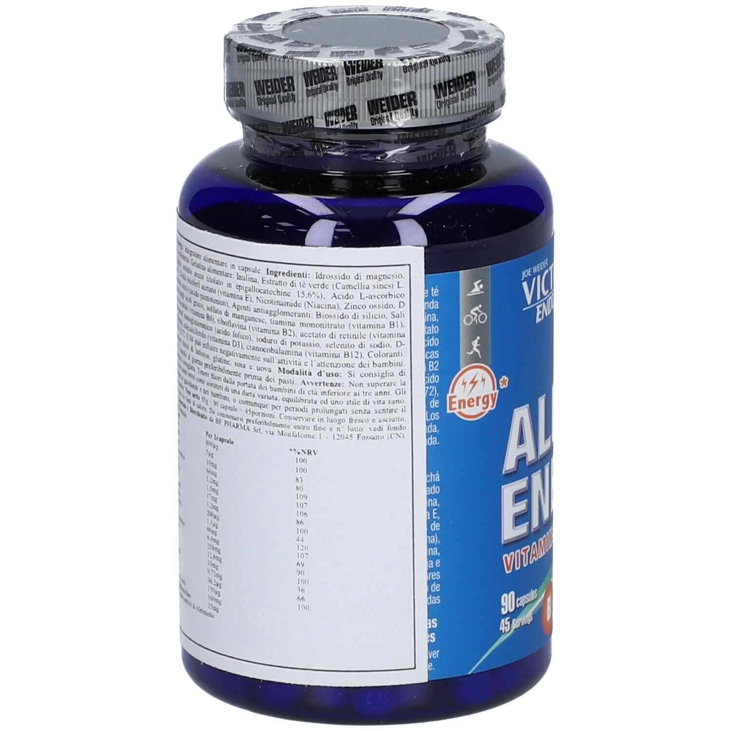Retro del flacone blu di capsule. Testo in italiano. Contiene ingredienti e informazioni nutrizionali.