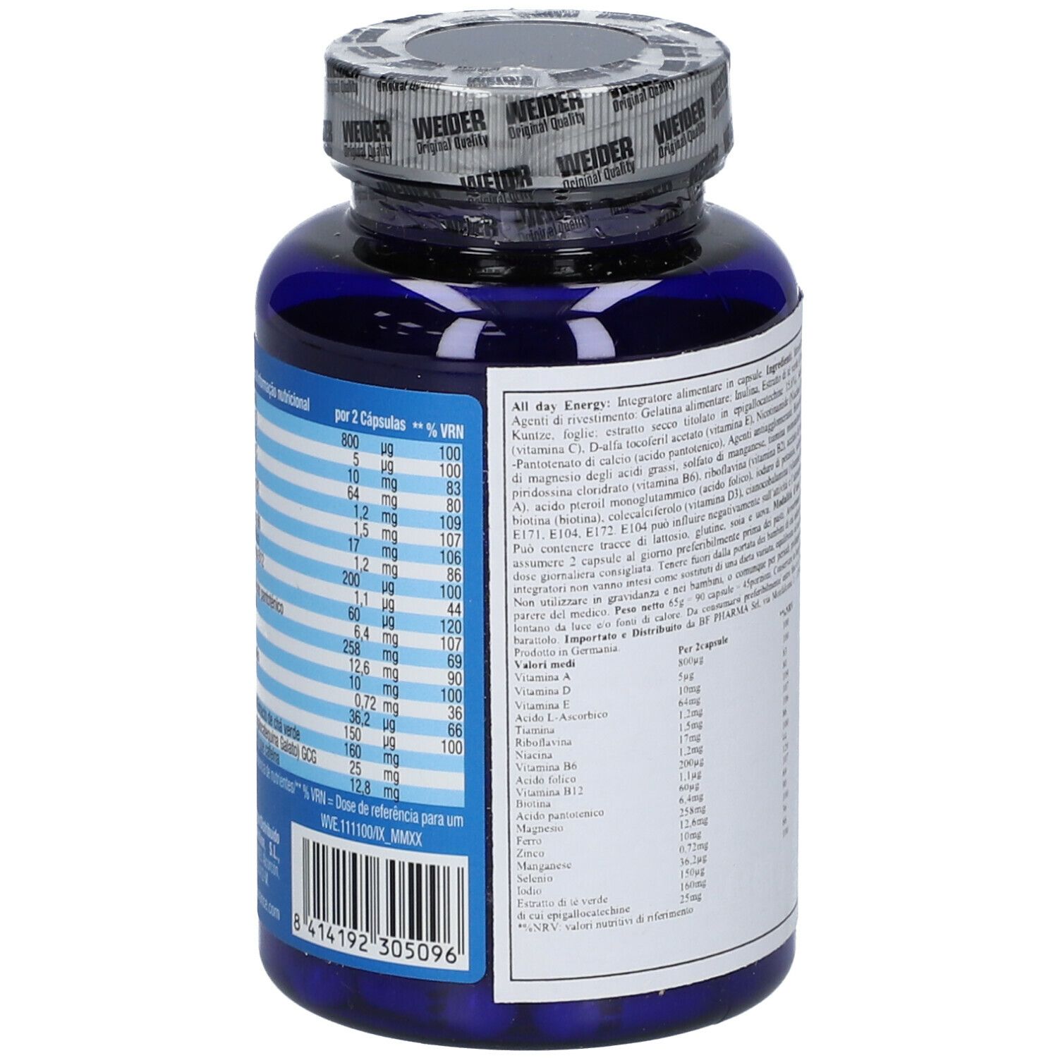 Retro del flacone blu di capsule. Testo in italiano. Contiene informazioni nutrizionali e ingredienti.