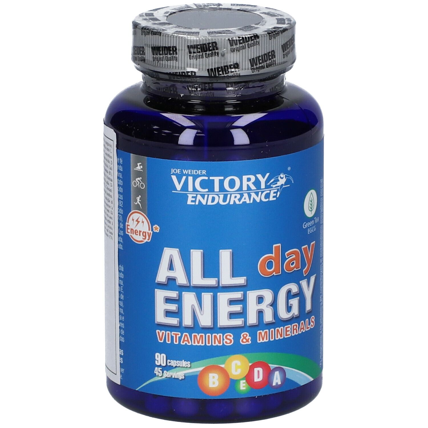 Flacone blu di capsule. Scritta: ALL day ENERGY, Vitamine & Minerali. 90 capsule. Tappo con logo WEIDER.