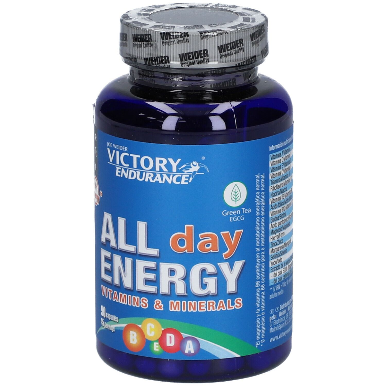 Flacone blu di capsule. Scritta: ALL day ENERGY, Vitamine & Minerali. 90 capsule. Tappo con logo WEIDER.