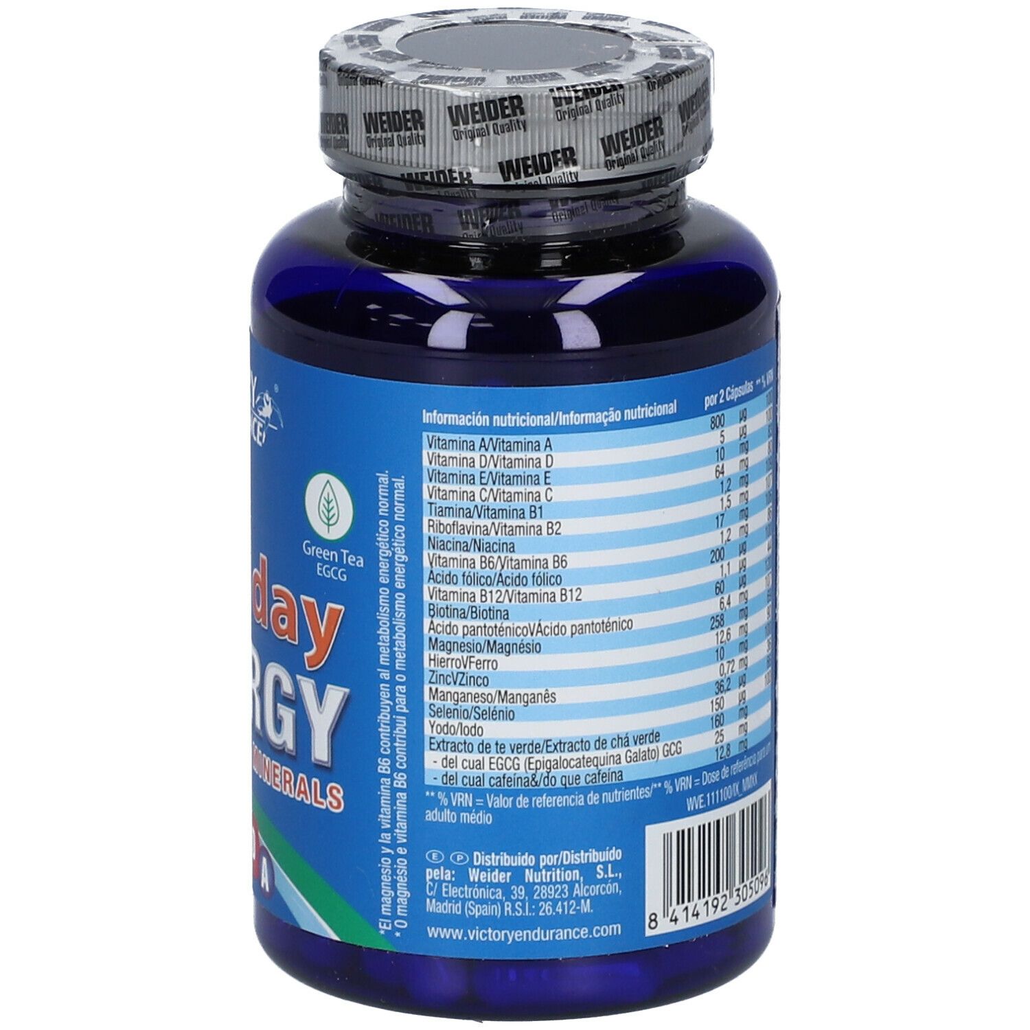 Retro del flacone blu di capsule. Testo in spagnolo. Contiene informazioni nutrizionali e ingredienti.
