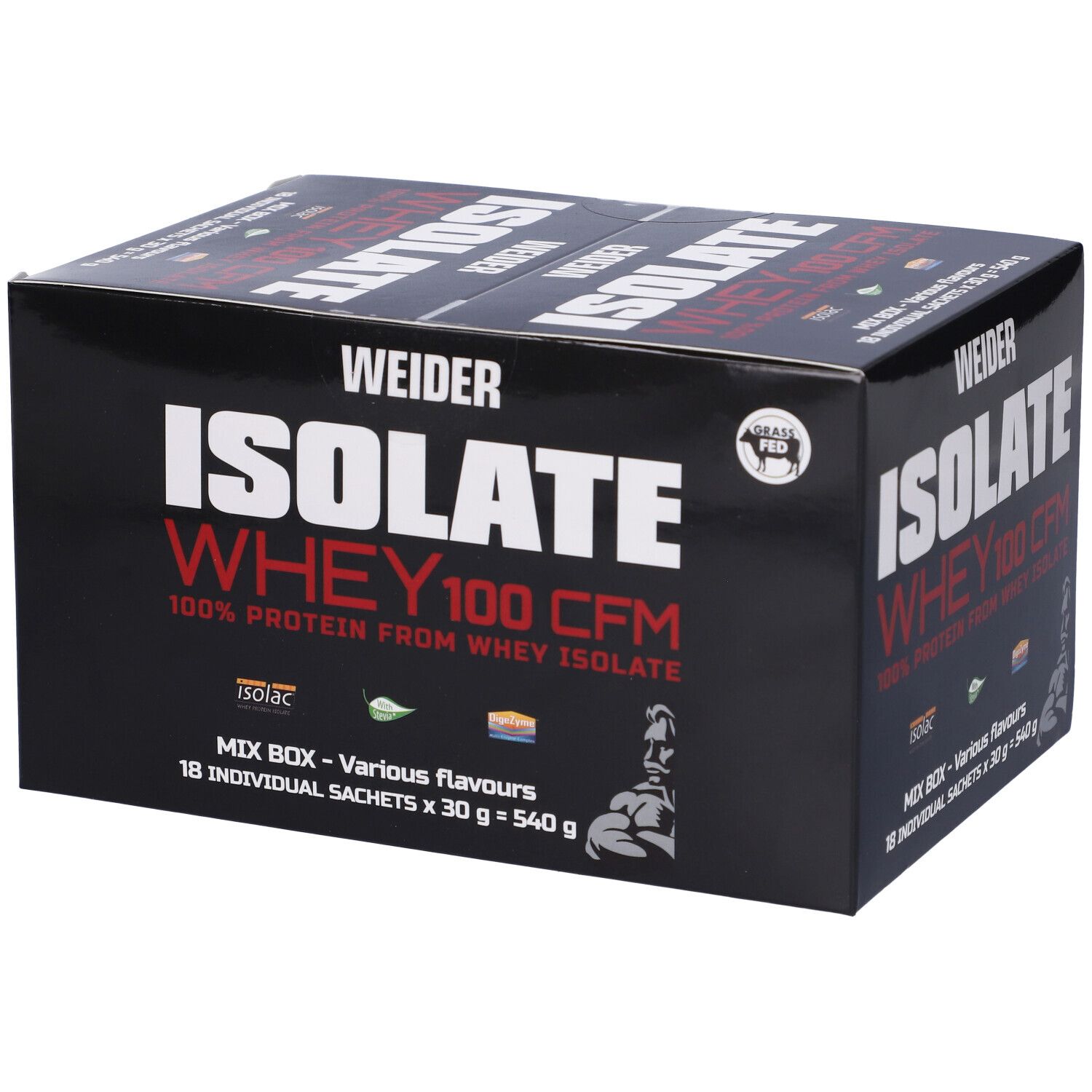 Scatola nera Weider Isolate Whey 100 CFM. Contiene 18 bustine. Scritte: Isolate, Whey, 100% proteine, Mix Box, Grass Fed.