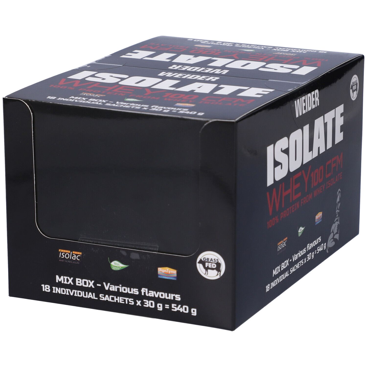 Scatola nera Weider Isolate Whey 100 CFM. Contiene 18 bustine. Scritte: Isolate, Whey, 100% proteine, Mix Box, Grass Fed.