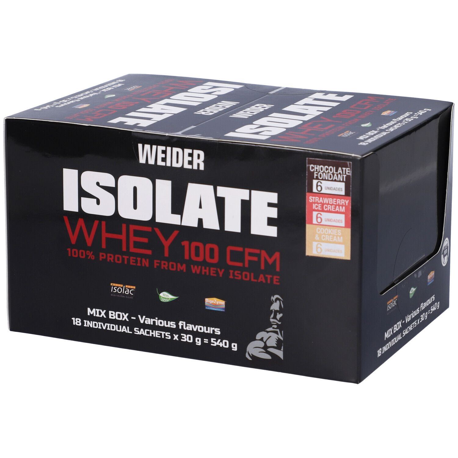 Scatola nera Weider Isolate Whey 100 CFM. Contiene 18 bustine. Scritte: Isolate, Whey, 100% proteine, Mix Box, Grass Fed. Gusti.