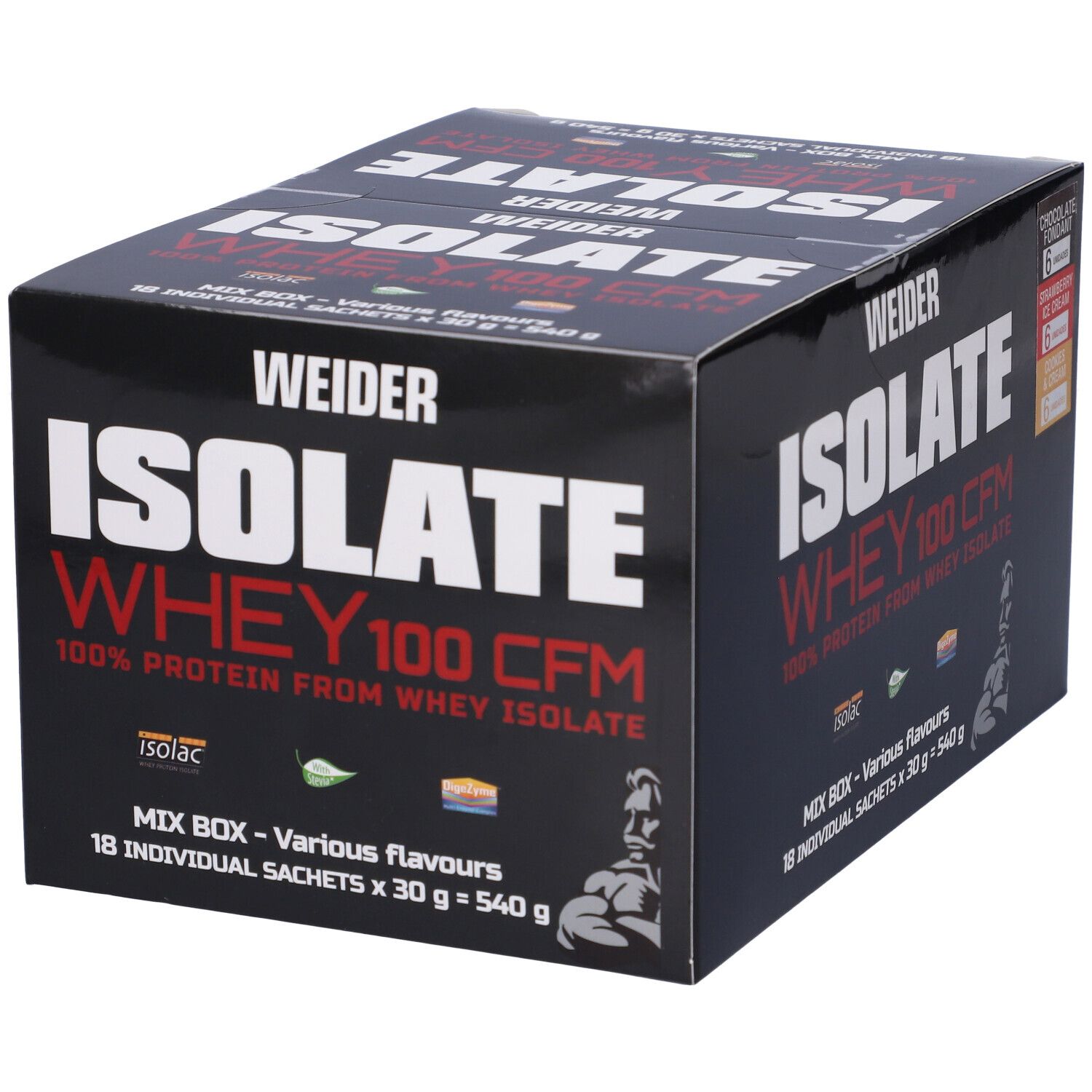 Scatola nera Weider Isolate Whey 100 CFM. Contiene 18 bustine. Scritte: Isolate, Whey, 100% proteine, Mix Box, Grass Fed. Gusti.