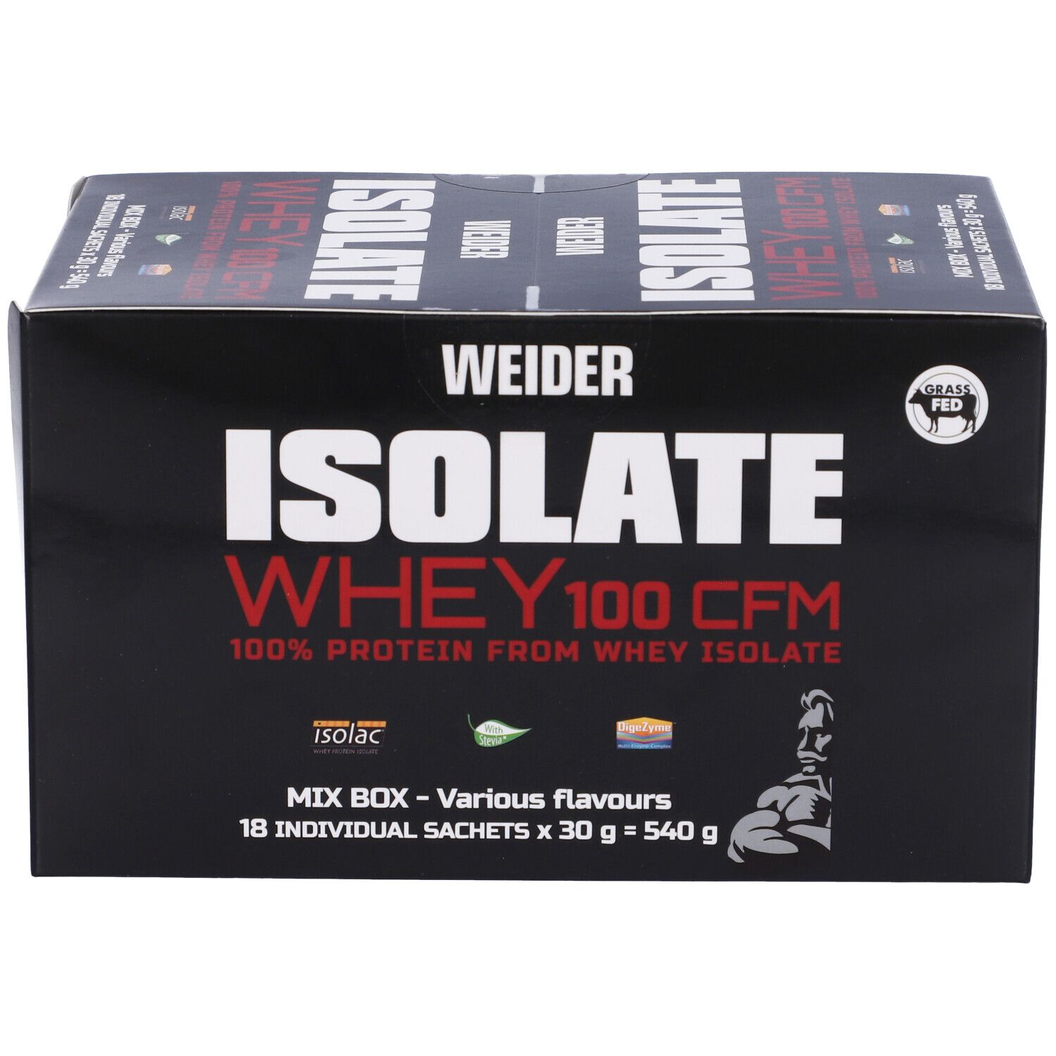 Scatola nera Weider Isolate Whey 100 CFM. Contiene 18 bustine. Scritte: Isolate, Whey, 100% proteine, Mix Box, Grass Fed.